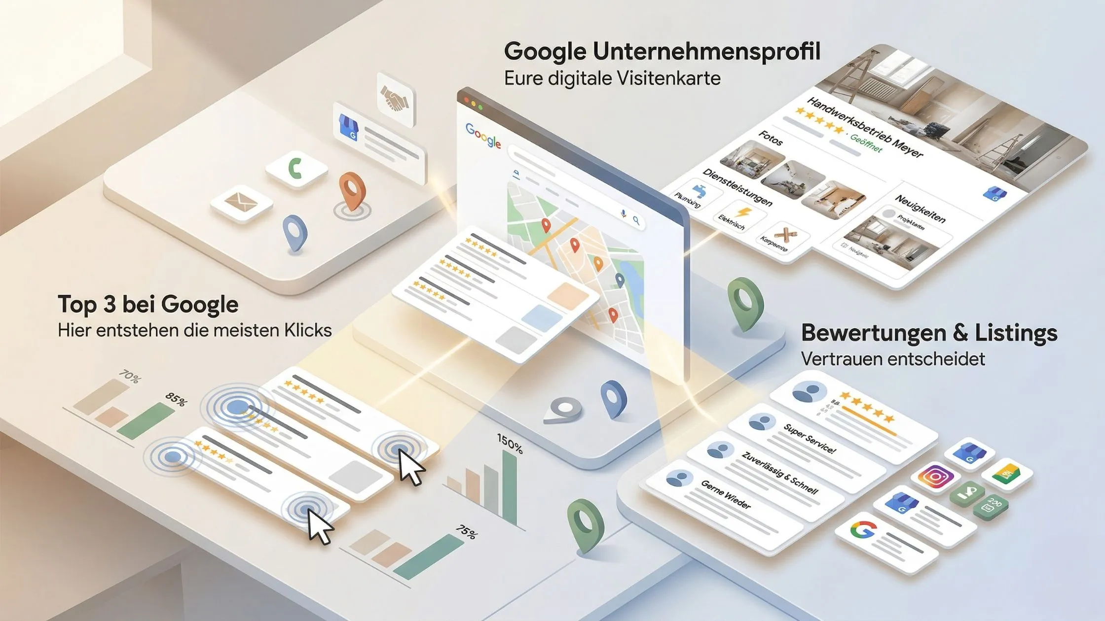 Visual of a digital marketing strategy showing Google business profile elements, top search results, and trust-based reviews and listings.