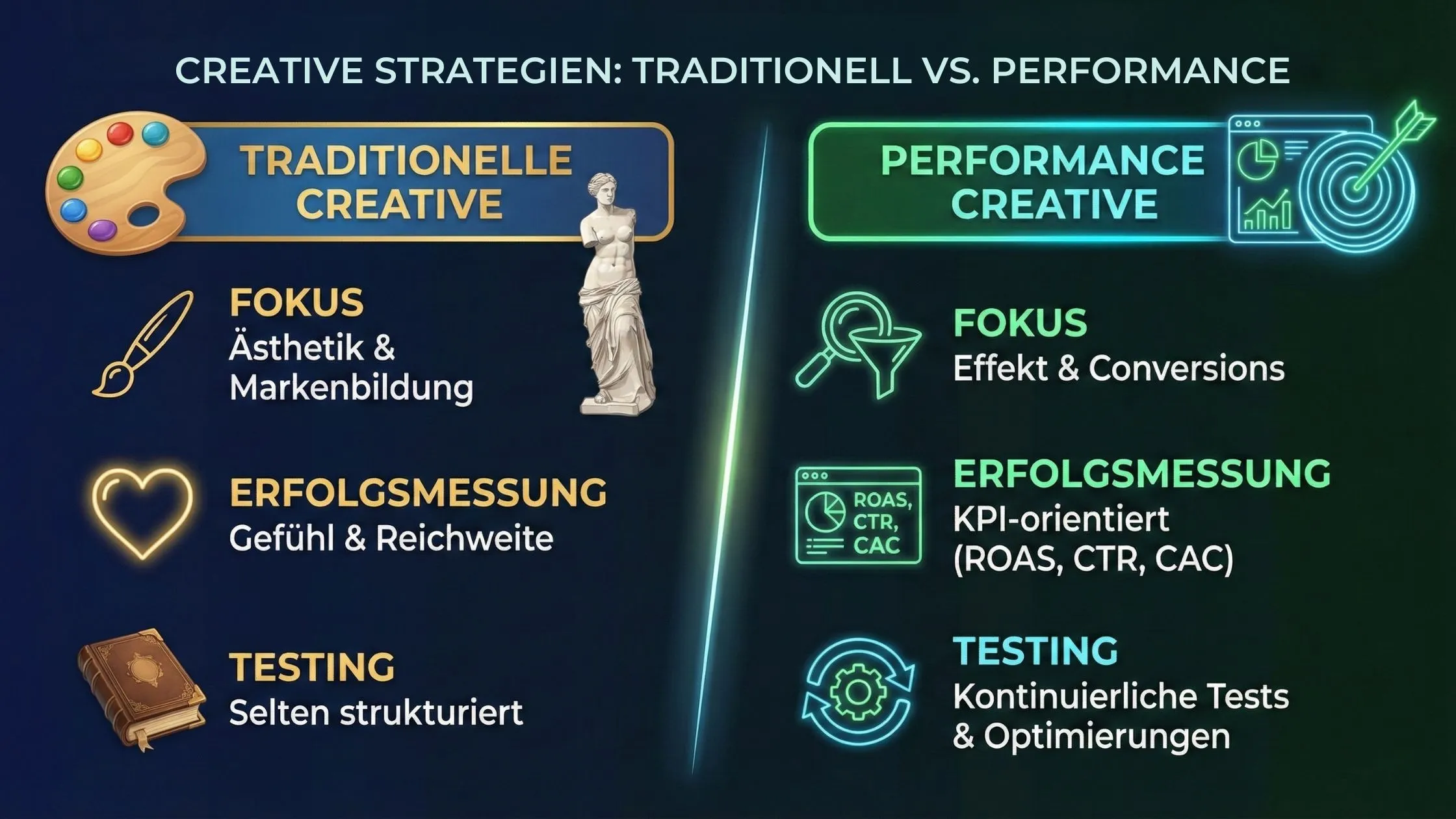 Comparison chart of traditional vs. performance creative strategies, highlighting focus, measurement, and testing differences with icons.
