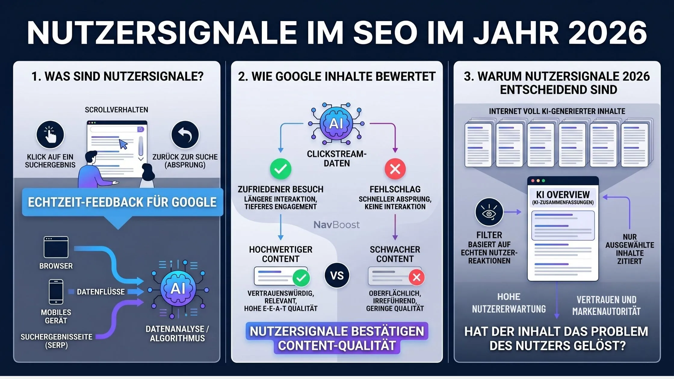 Infographic on user signals in SEO for 2026. It includes content evaluation by AI, content quality, and importance of user feedback. Text in German.
