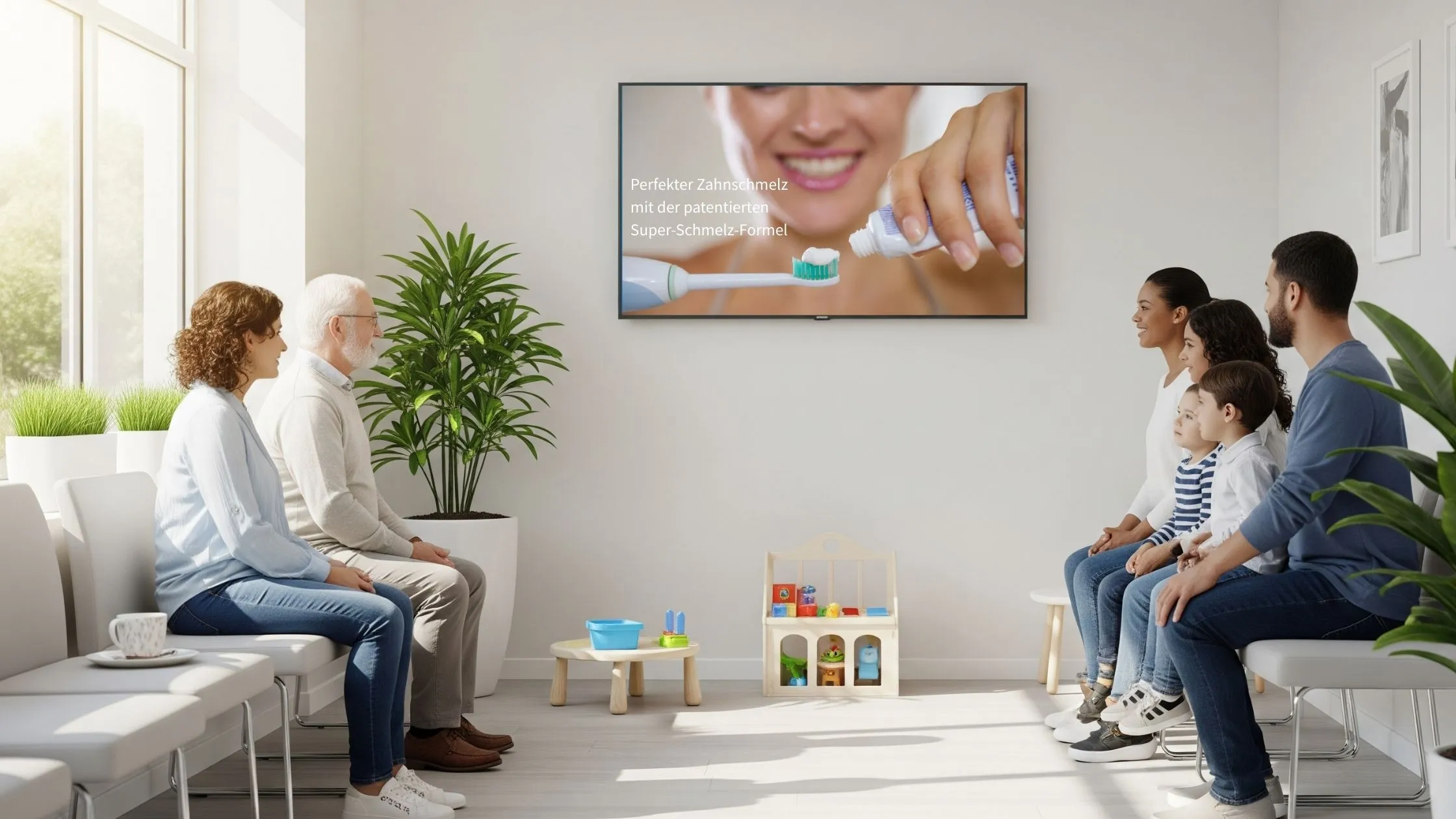 Werbung für eine spezielle Zahncreme auf dem Smart Screen im Wartezimmer beim Zahnarzt.
