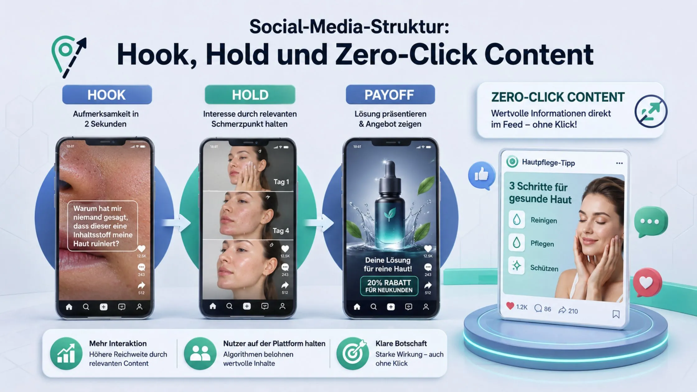 Infographic illustrating a social media strategy with steps: Hook, Hold, Payoff, and Zero-Click Content, featuring images and text descriptions.