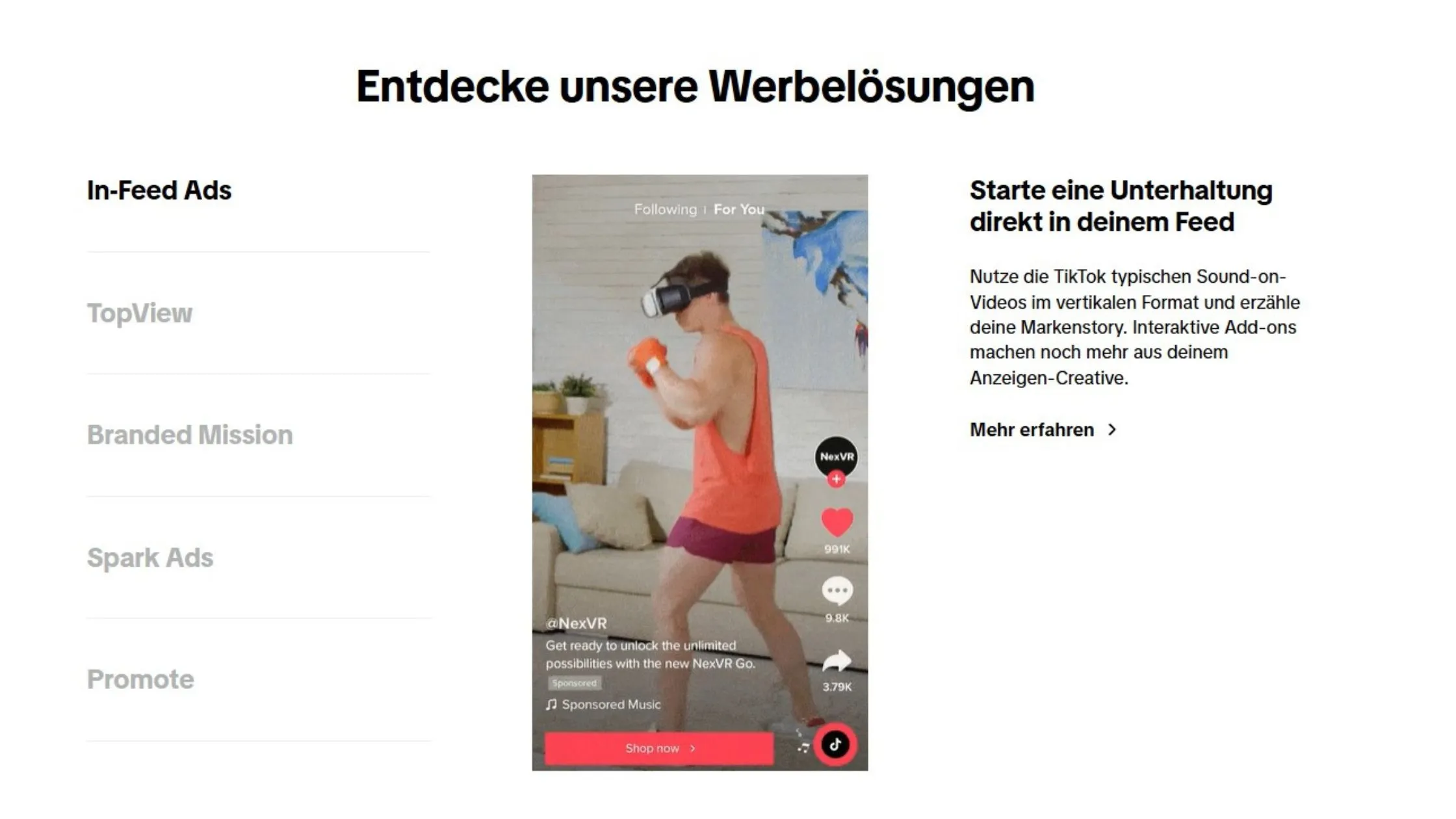 A person wearing a VR headset and boxing gloves in a TikTok video ad, with text about advertising solutions on the side.