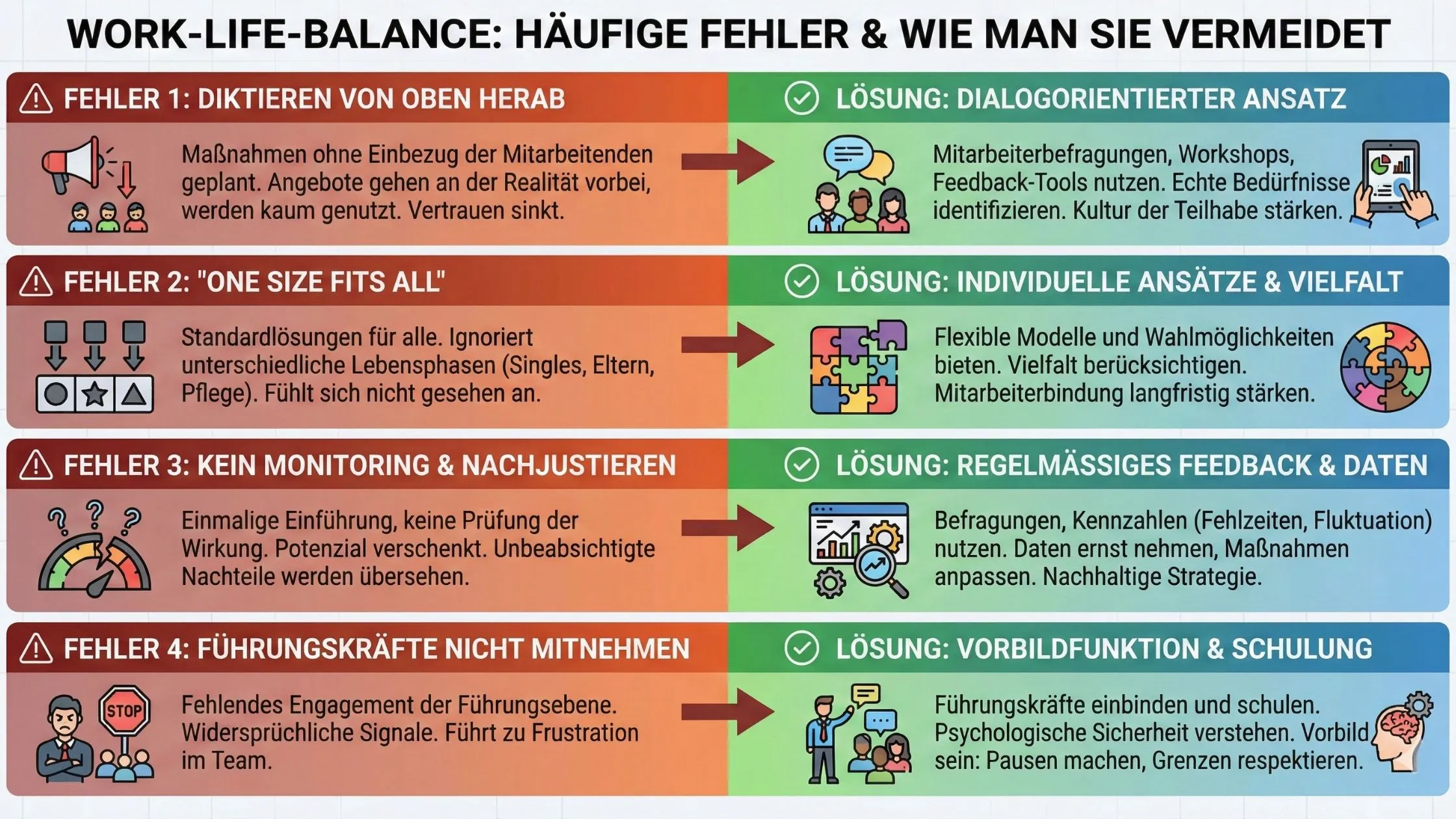Infographic "Work‑Life‑Balance" listing five common mistakes (top‑down approach, one‑size‑fits‑all, no monitoring, skipping feedback, ignoring leaders) and solutions.