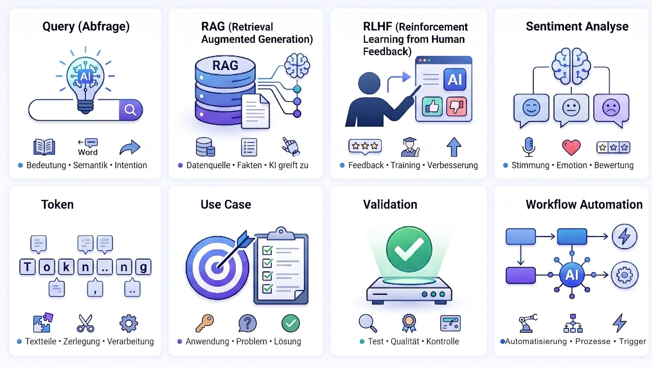 Infographic on AI topics: Query, RAG, RLHF, Sentiment Analysis, Token, Use Case, Validation, and Workflow Automation, with icons and descriptions.