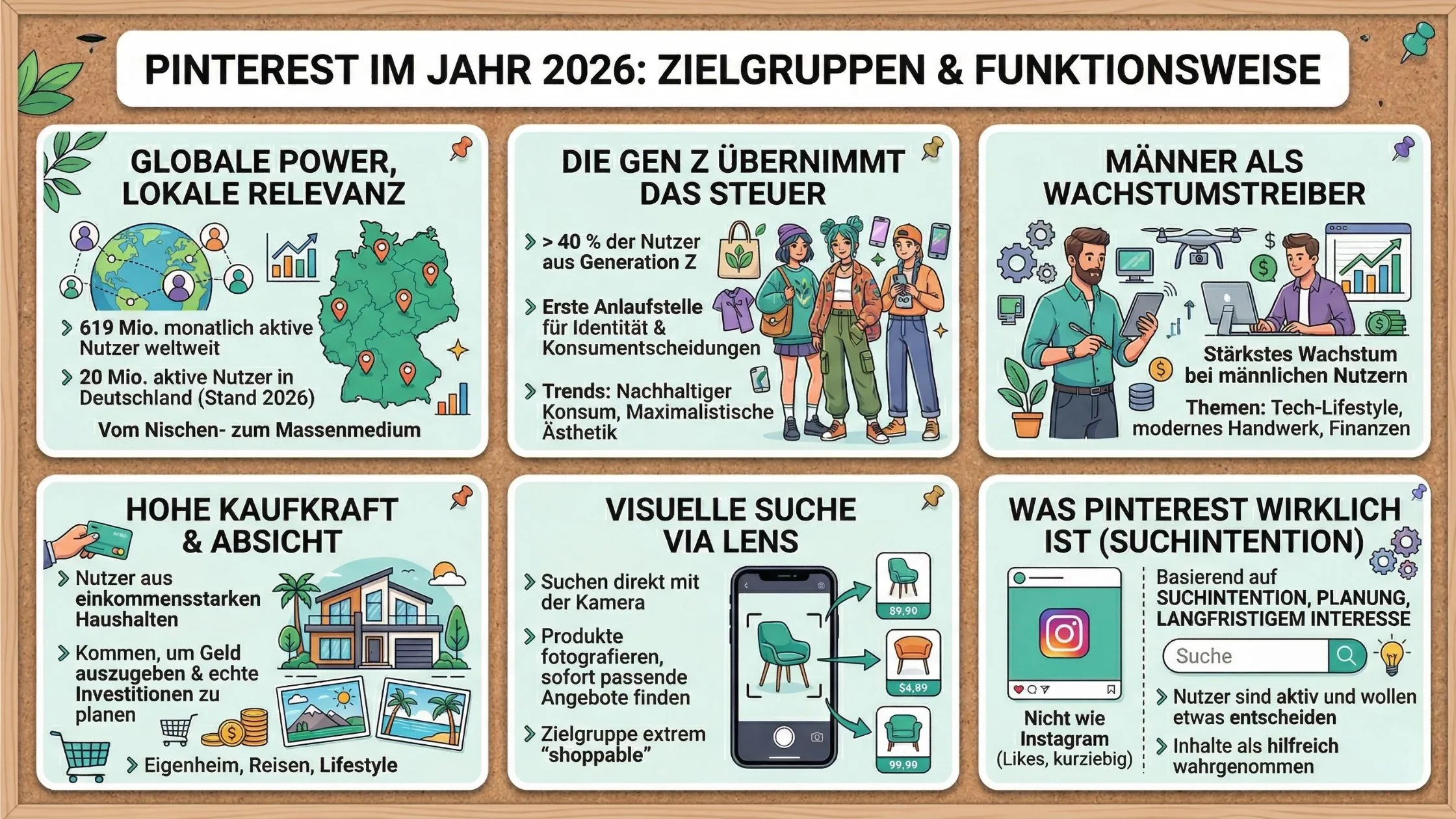 Infographic titled "Pinterest im Jahr 2026" with sections on user demographics, trends, and functions, featuring illustrations and icons.