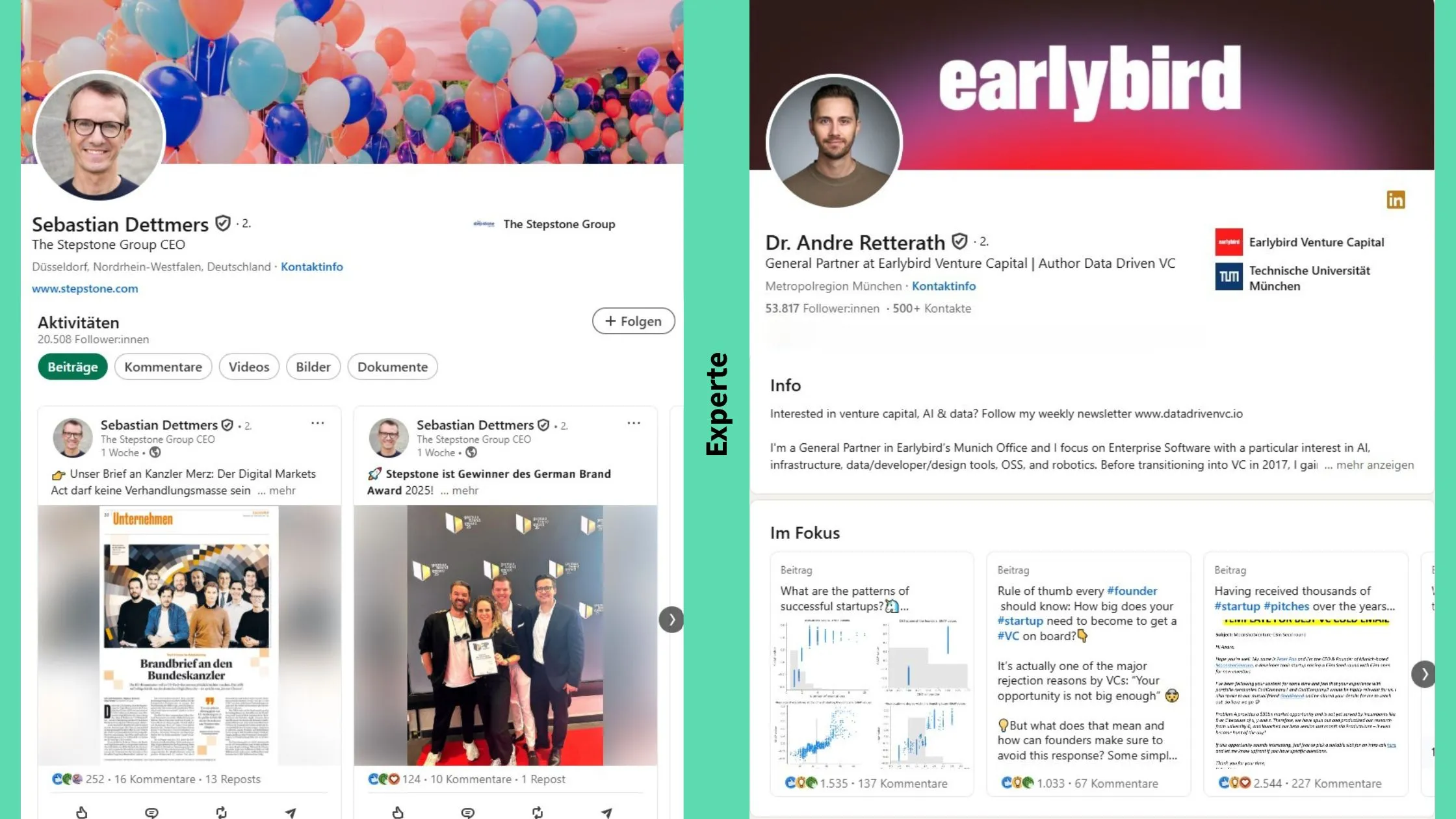 Screenshots der LinkedIn-Profile von Sebastian Dettmers und Dr. Andre Retterath als Beispiel für den LinkedIn-Typ Experte im Personal Branding.