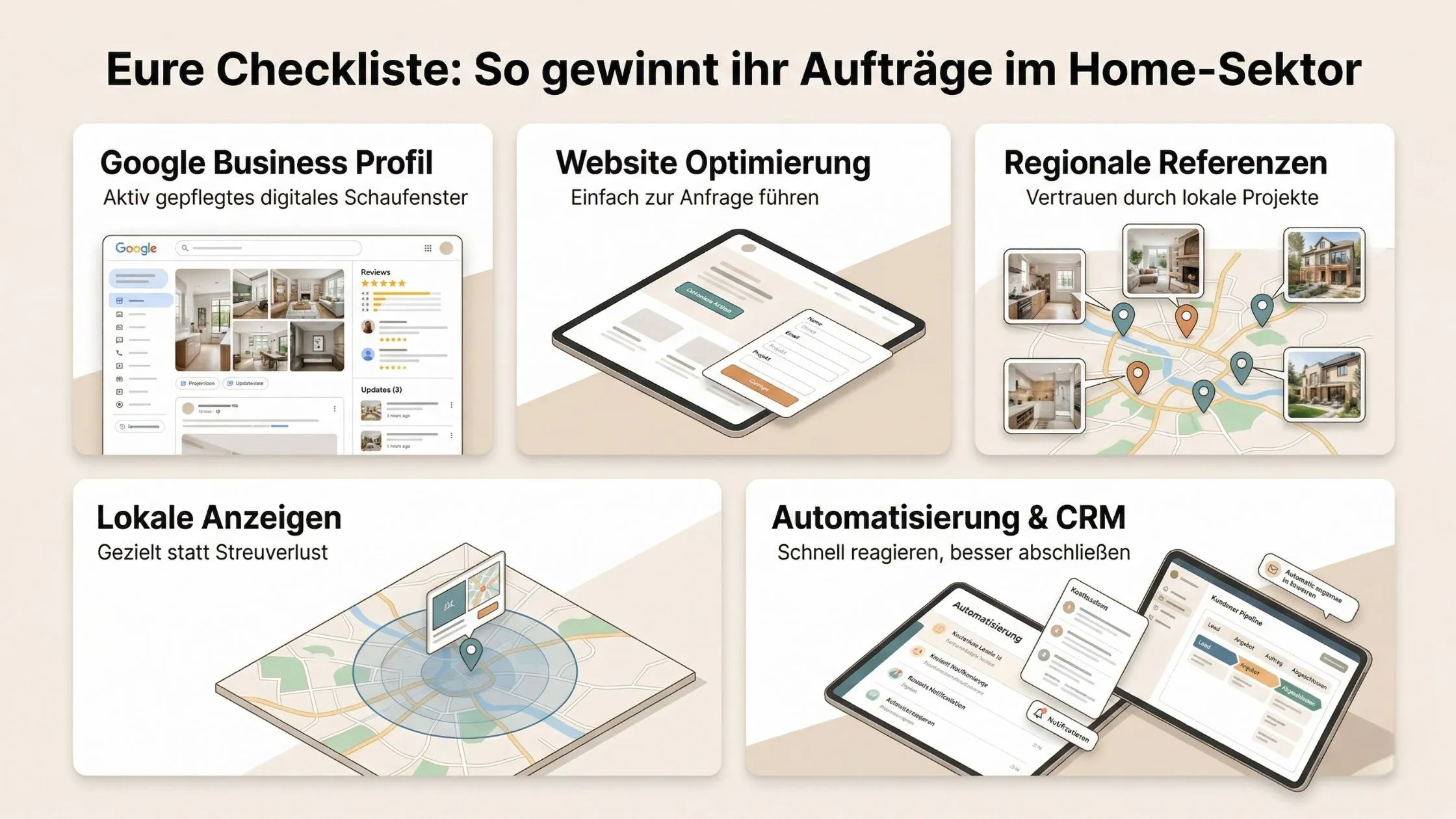 Infographic on winning home sector contracts: Google Business, Website Optimization, Regional References, Local Ads, Automation & CRM.