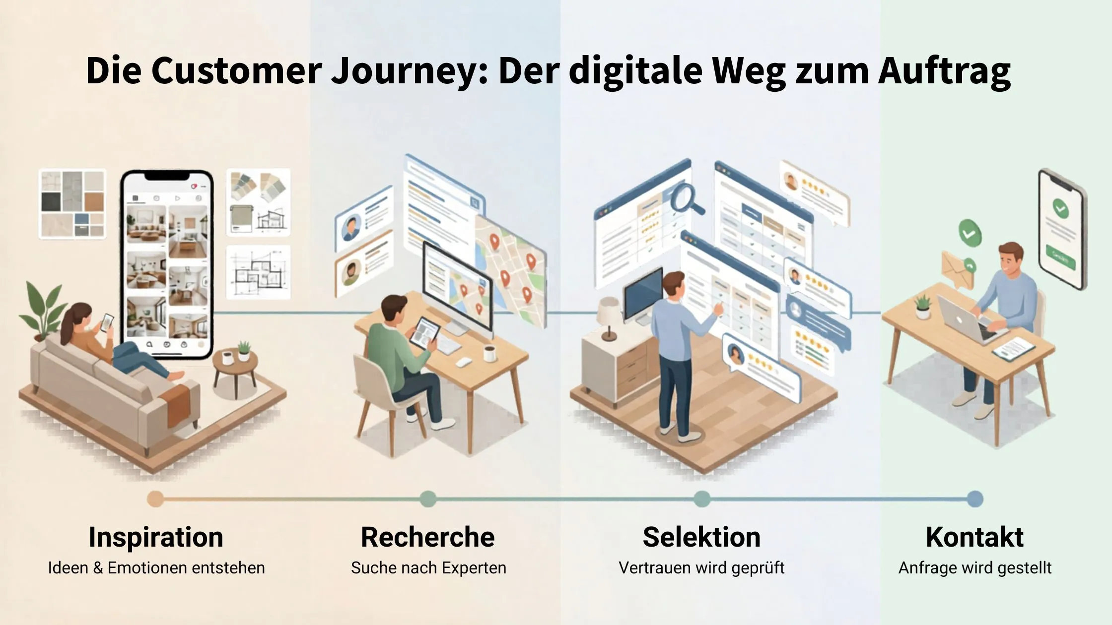 Illustration of the digital customer journey with four stages: Inspiration, Research, Selection, and Contact, each represented visually.