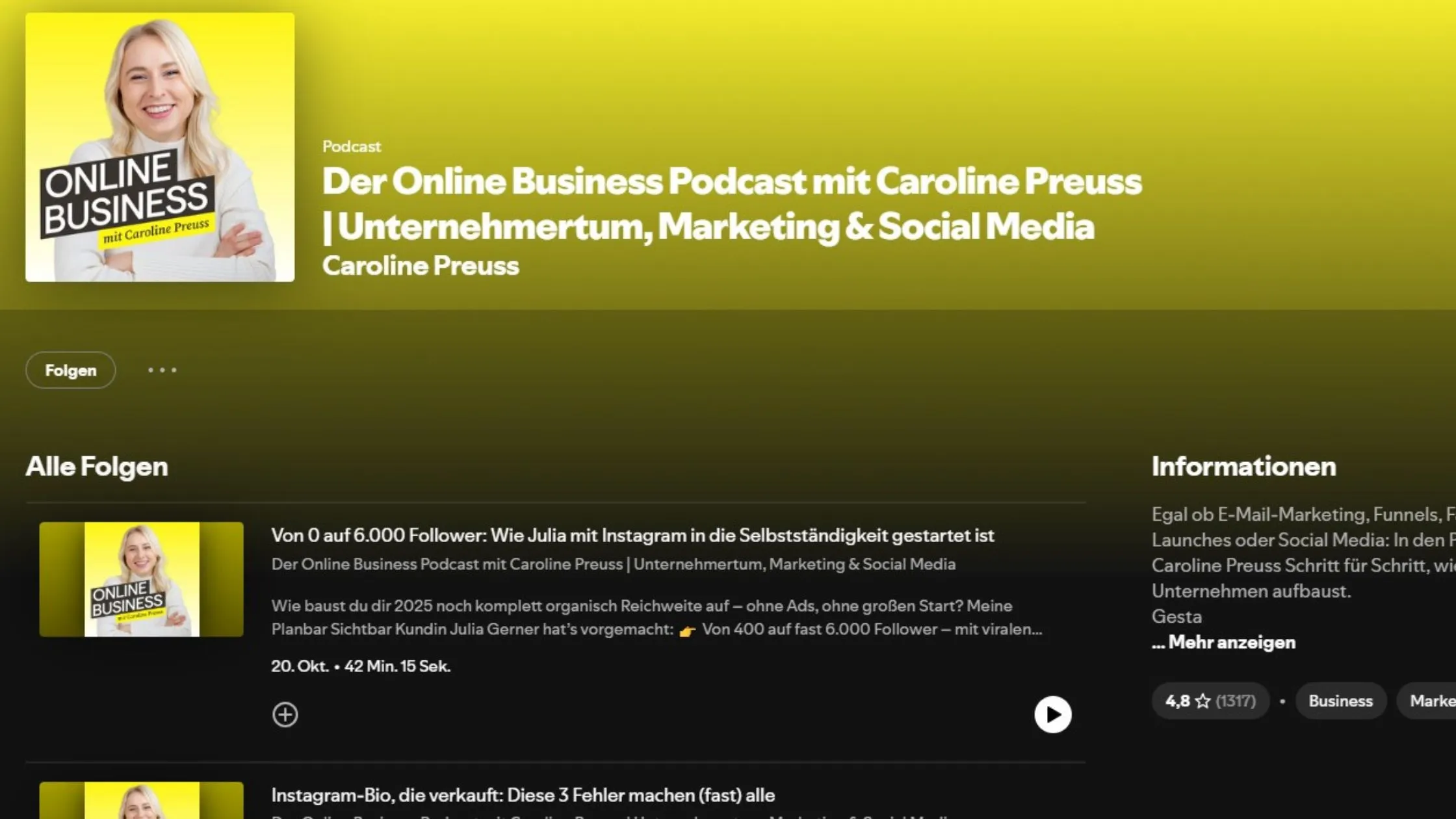 Spotify podcast page for "Der Online Business Podcast mit Caroline Preuss," featuring episodes on entrepreneurship, marketing, and social media.