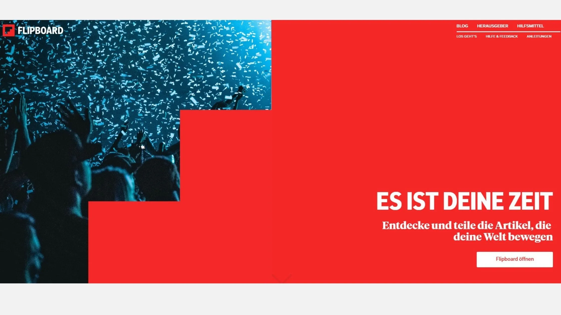 Crowd at a concert with confetti, next to a red section with white text in German promoting Flipboard.