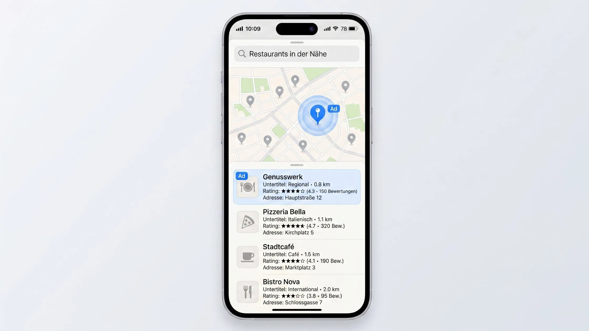 Smartphone screen displaying a map and a list of nearby restaurants with details like distance and directions.