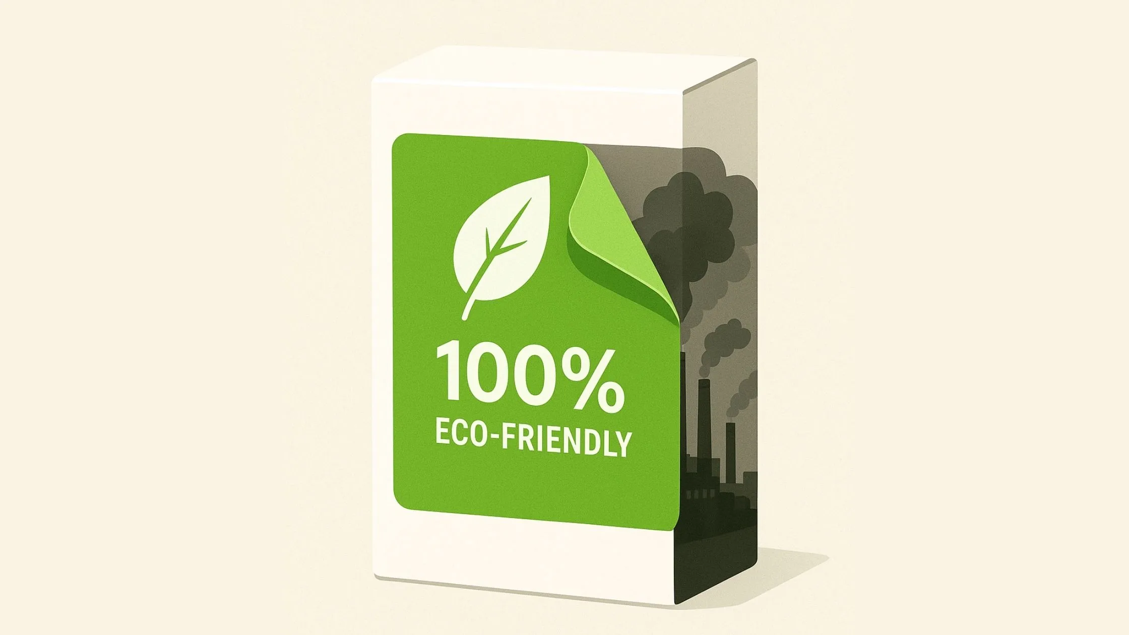 Box labeled "100% Eco-Friendly" with a green leaf, revealing pollution and factories behind the sticker.