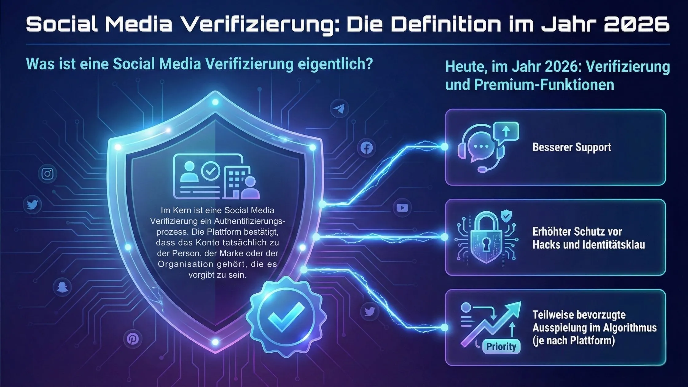 Futuristic social media verification concept for 2026 shown with digital shield, tech icons, and German text detailing features.