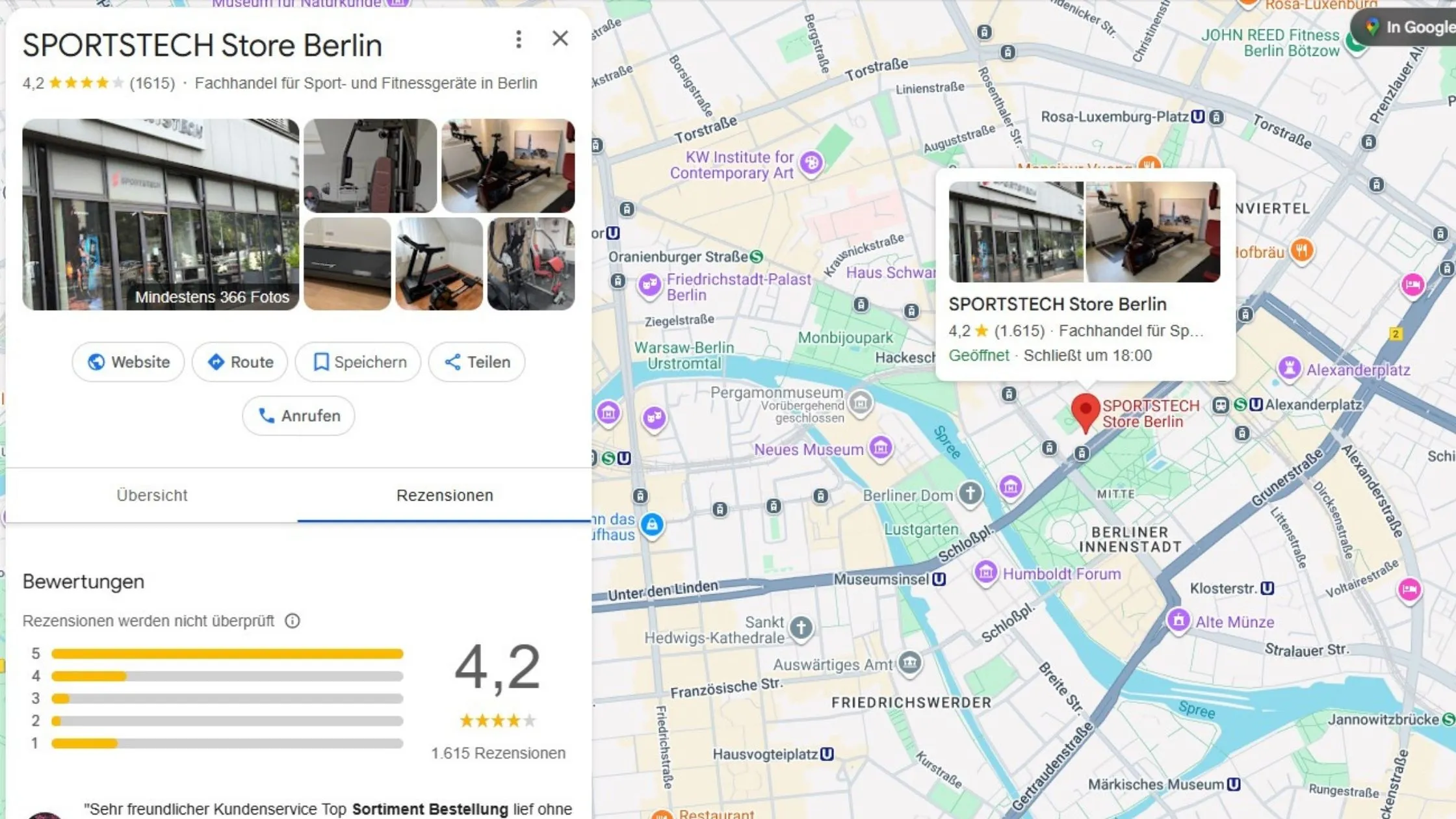 Map view showing the Sportstech Store Berlin location, with store details and images displayed on the left side.