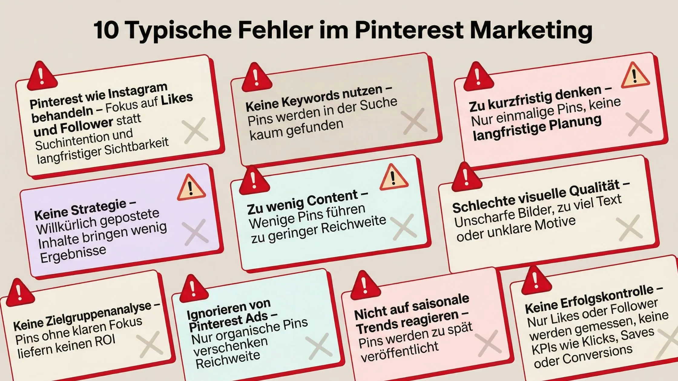 Infographic titled "10 Typische Fehler im Pinterest Marketing" highlighting common Pinterest marketing mistakes with red caution symbols.