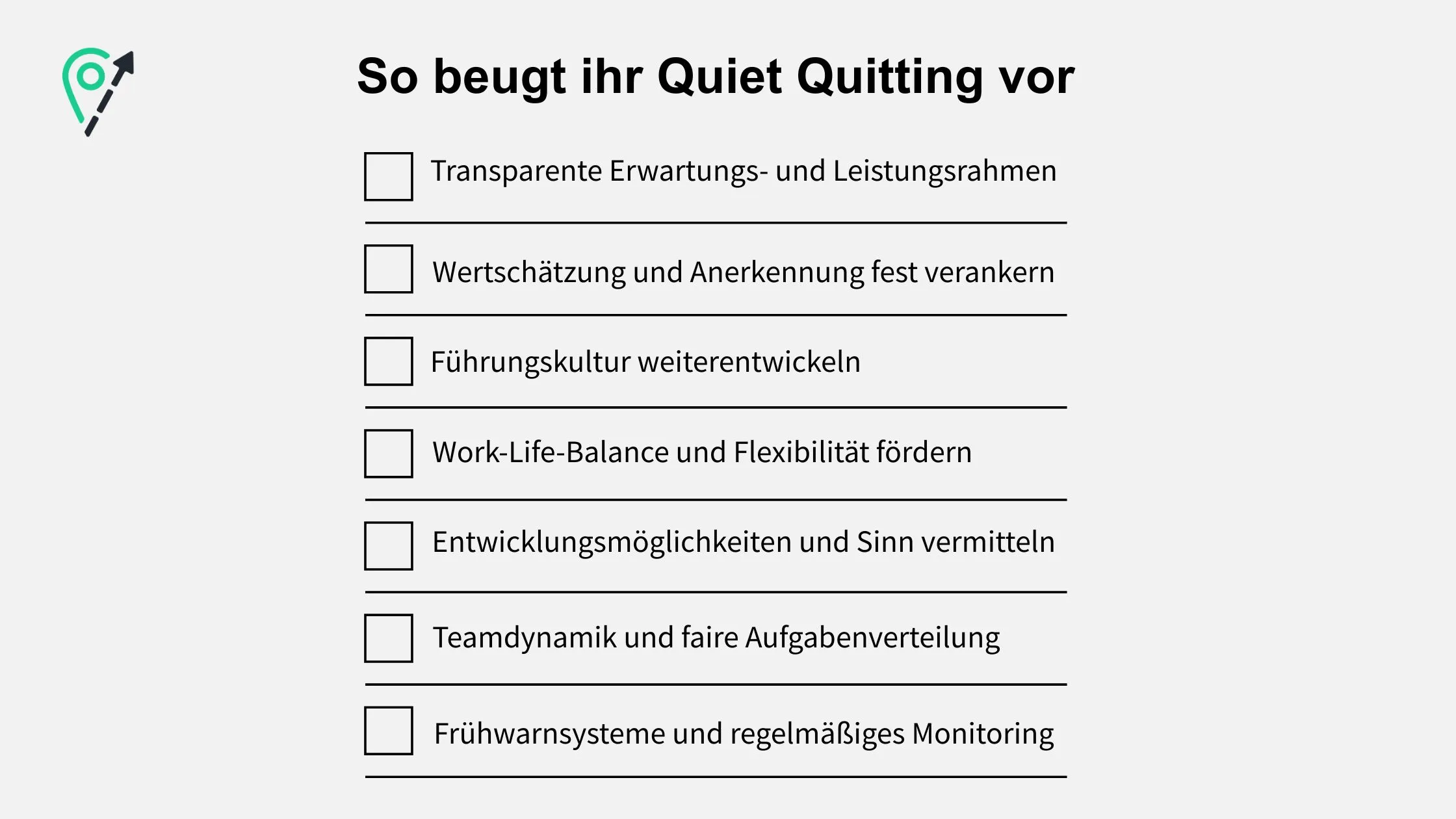 Checklist titled "So beugt ihr Quiet Quitting vor" with seven strategies for preventing quiet quitting in the workplace.