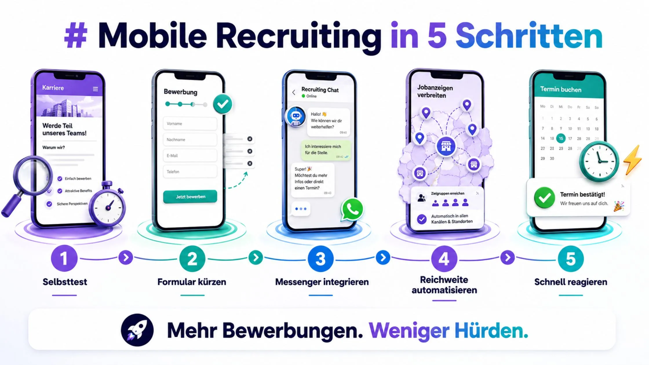 Infographic showing "Mobile Recruiting in 5 Schritten" with steps: self-test, form, messenger, reach automation, quick response.
