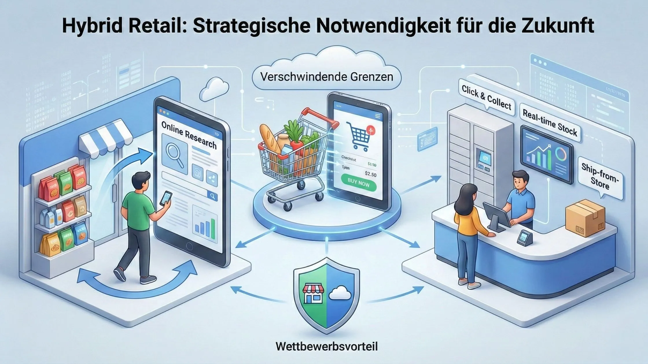Illustration depicting hybrid retail strategies with online research, mobile shopping, and in-store services, showcasing a seamless consumer experience.