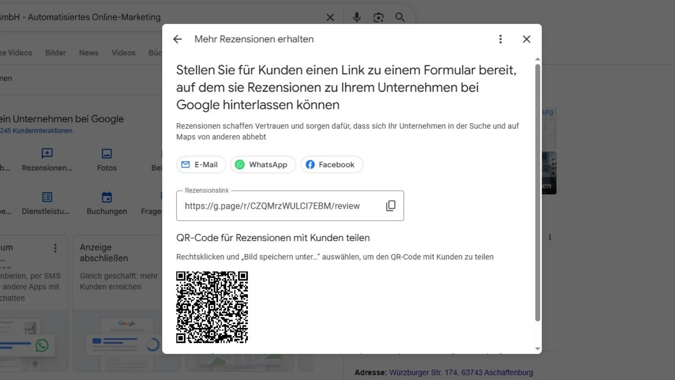 Popup window with options to receive customer reviews via link, email, WhatsApp, or QR code, in a web interface. Text in German.