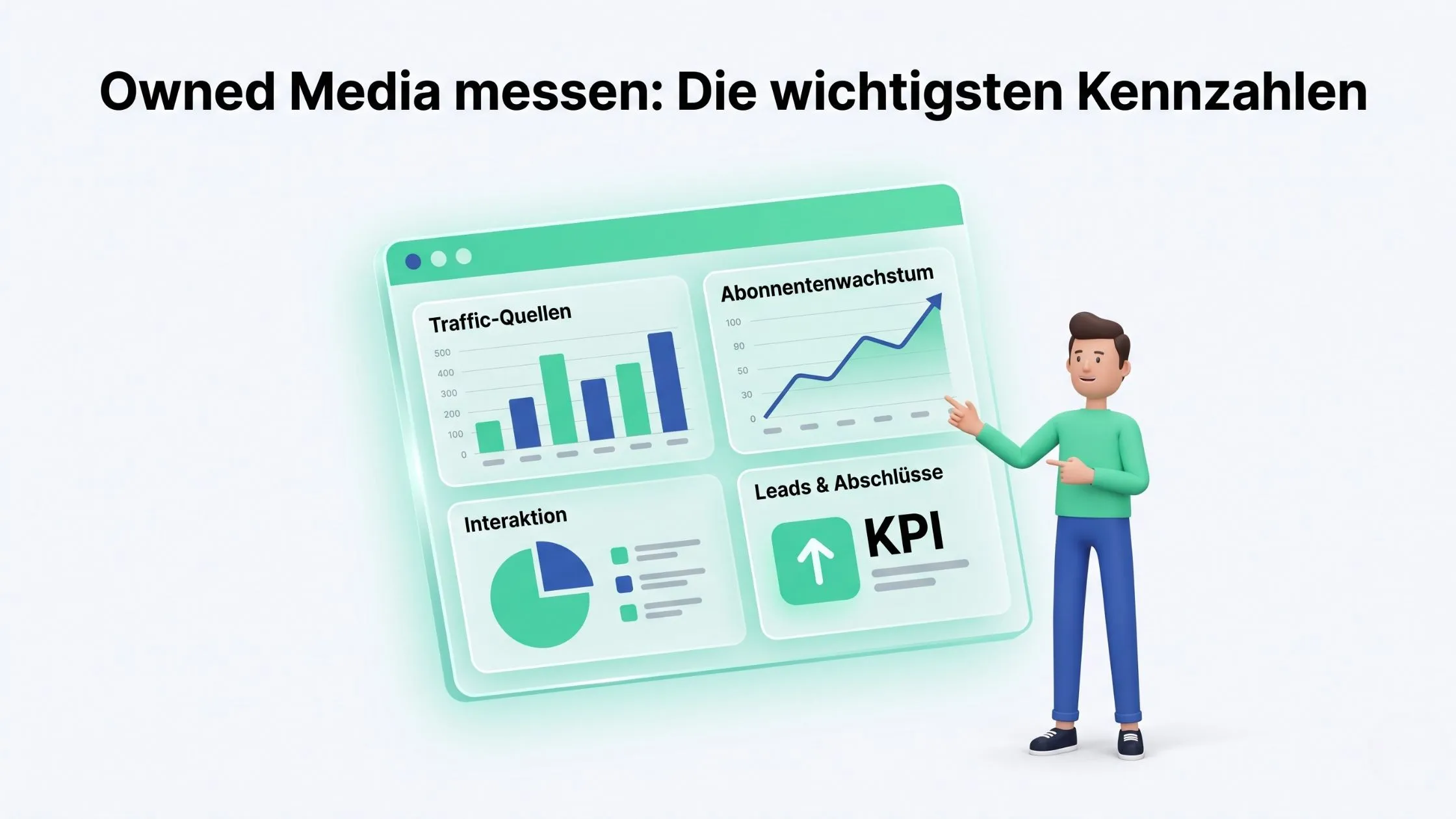 Person pointing at a digital dashboard with graphs and metrics for traffic sources, subscriber growth, interactions, and KPIs.