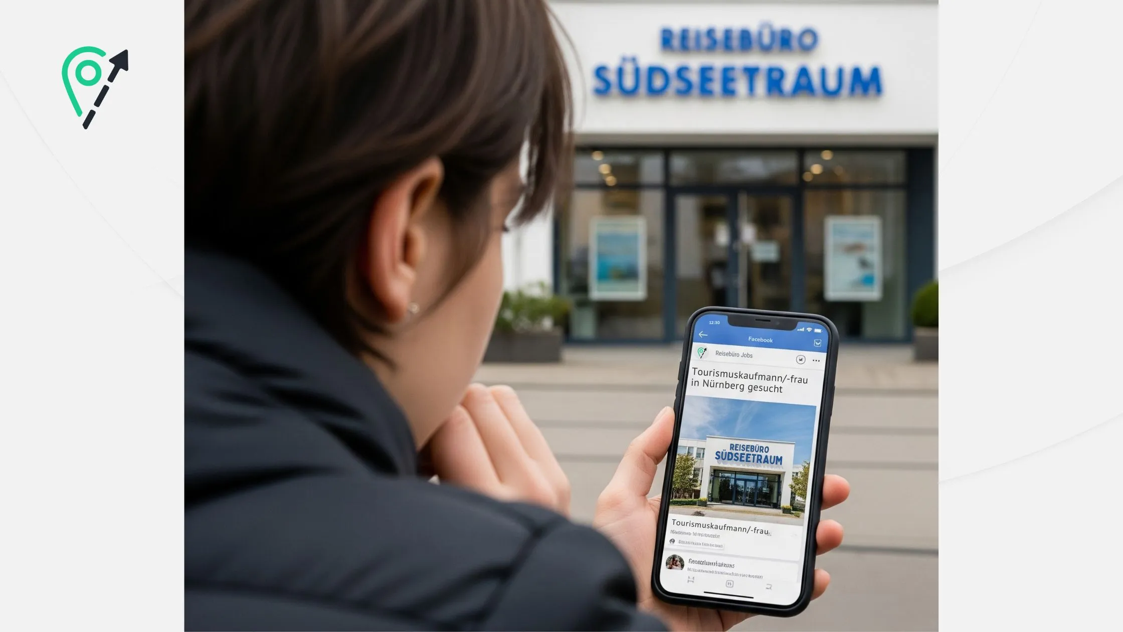 Person looking at a smartphone displaying a travel agency website, standing outside a building with a sign "Reisebüro Südseetraum."