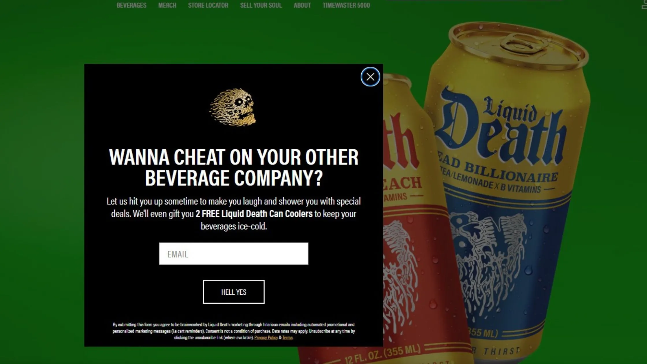 Popup on a website promoting Liquid Death beverages, offering two free can coolers for email signup. Background shows two Liquid Death cans.