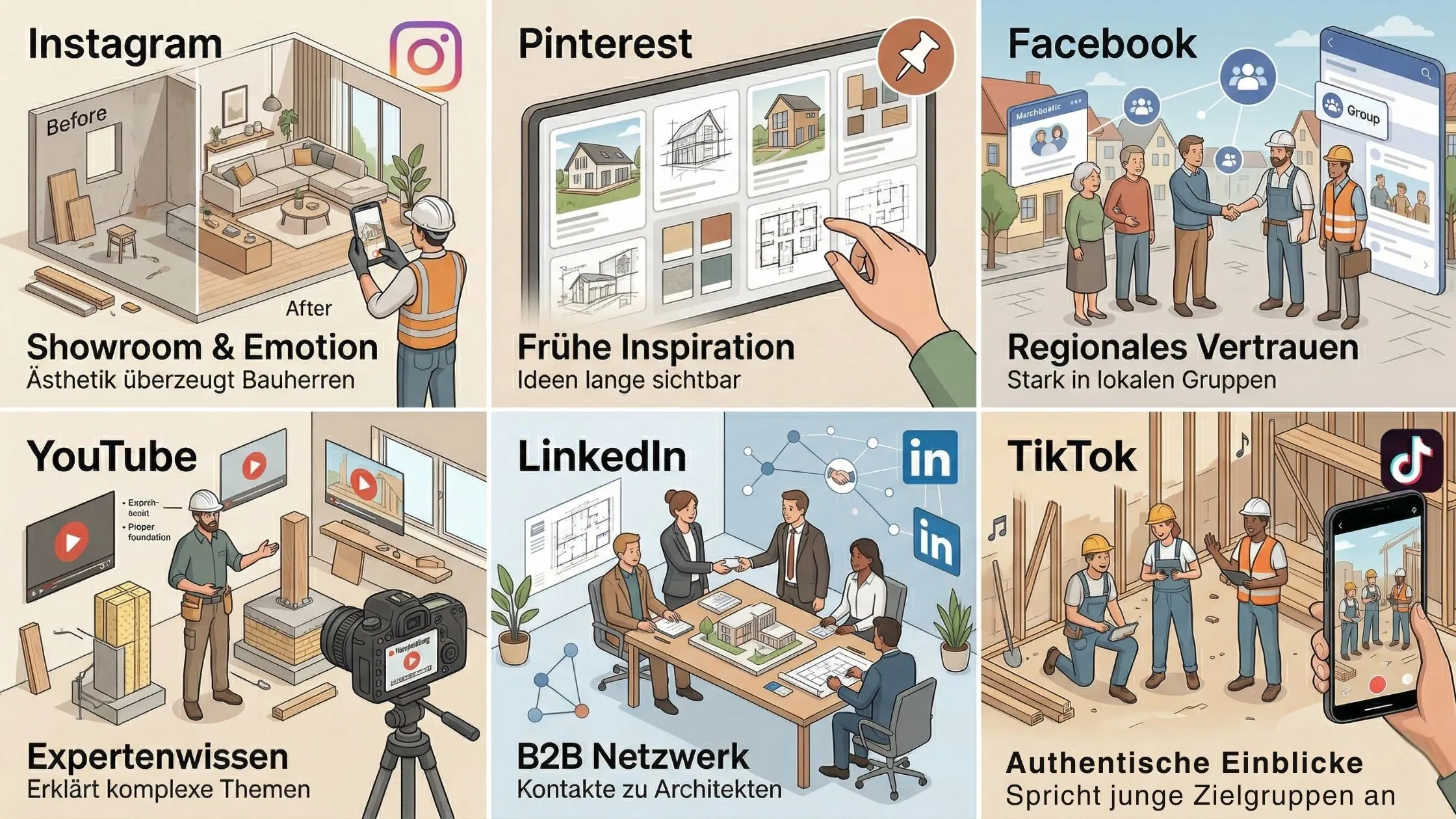 Illustrated social media strategies for construction: Instagram, Pinterest, Facebook, YouTube, LinkedIn, TikTok. Diverse platforms with distinct roles.