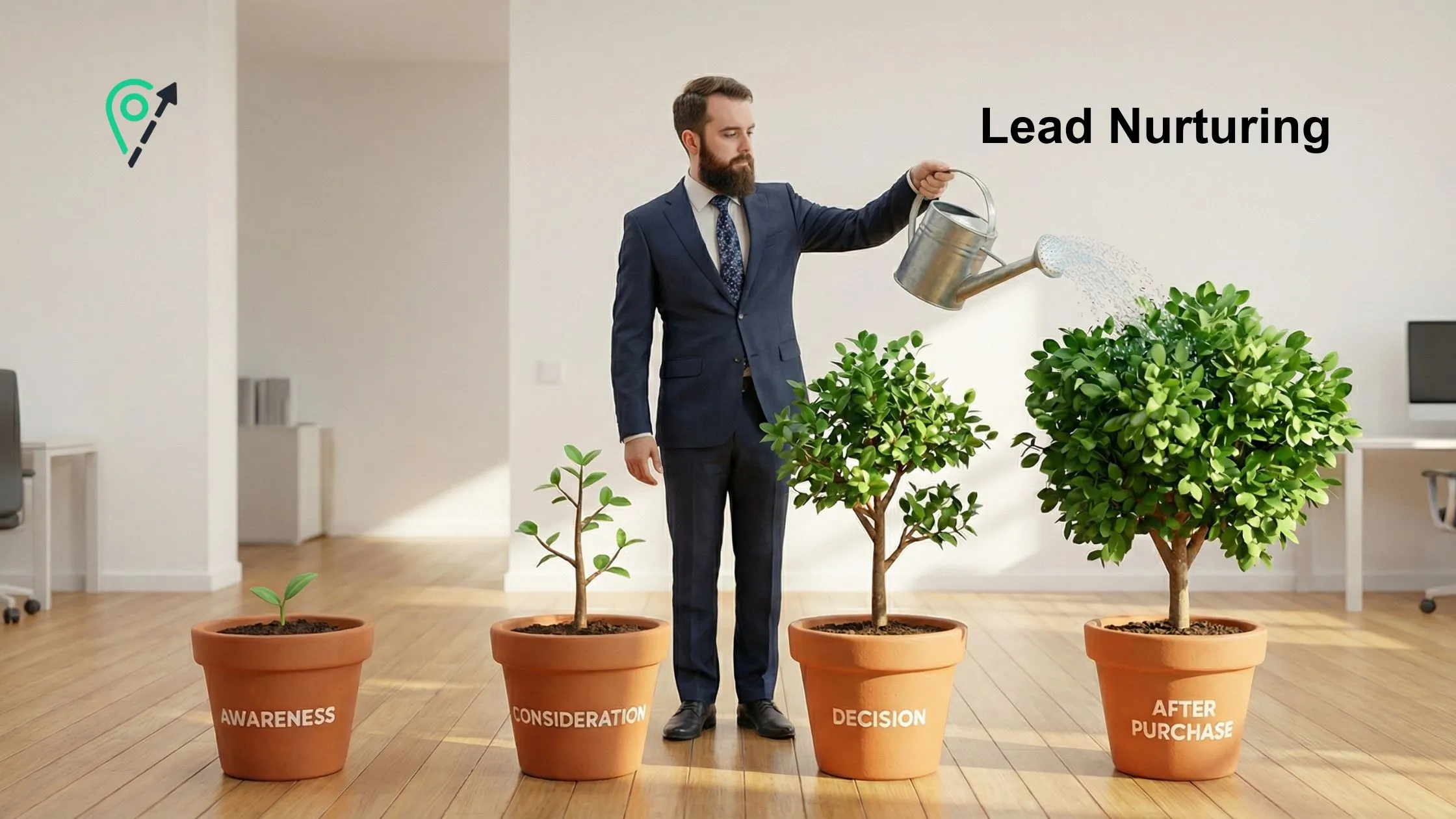 A man in a suit waters four labeled potted plants representing stages: Awareness, Consideration, Decision, and After Purchase. Text reads "Lead Nurturing."