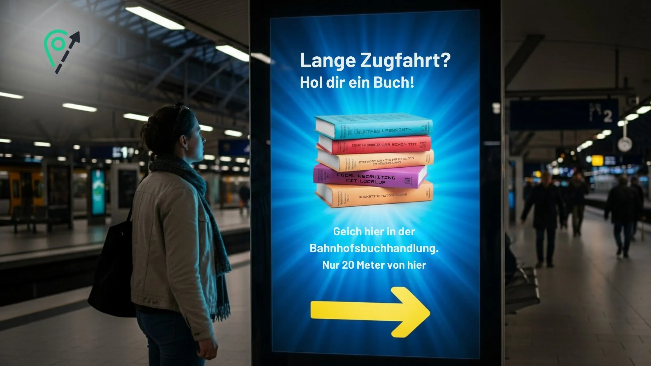 A person at a train station looks at an advertisement for books, featuring a stack of colorful books and a message in German.