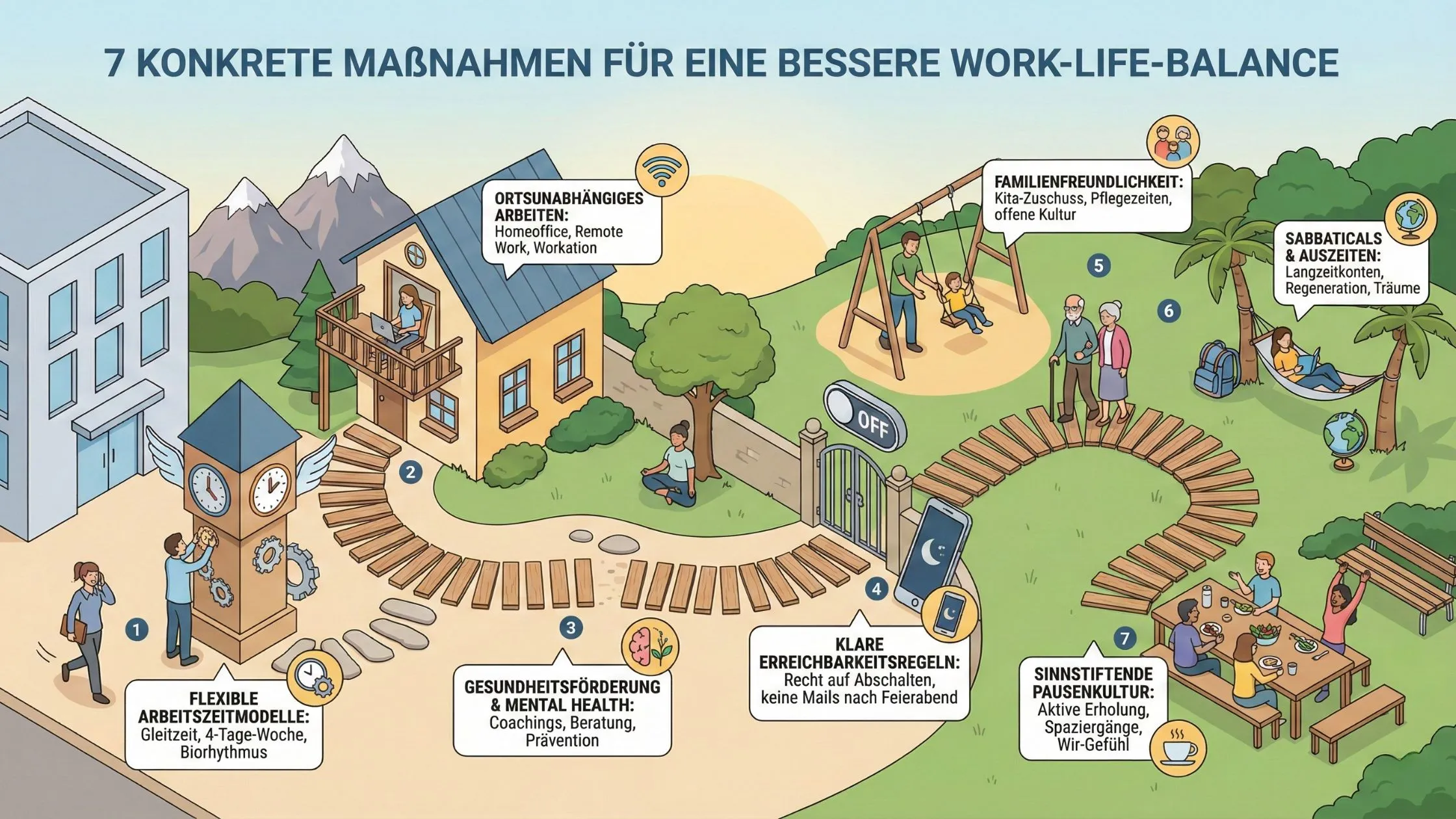 Colorful illustration of 7 measures for better work-life balance showing remote work, family time, childcare, exercise, sabbatical and relaxation.