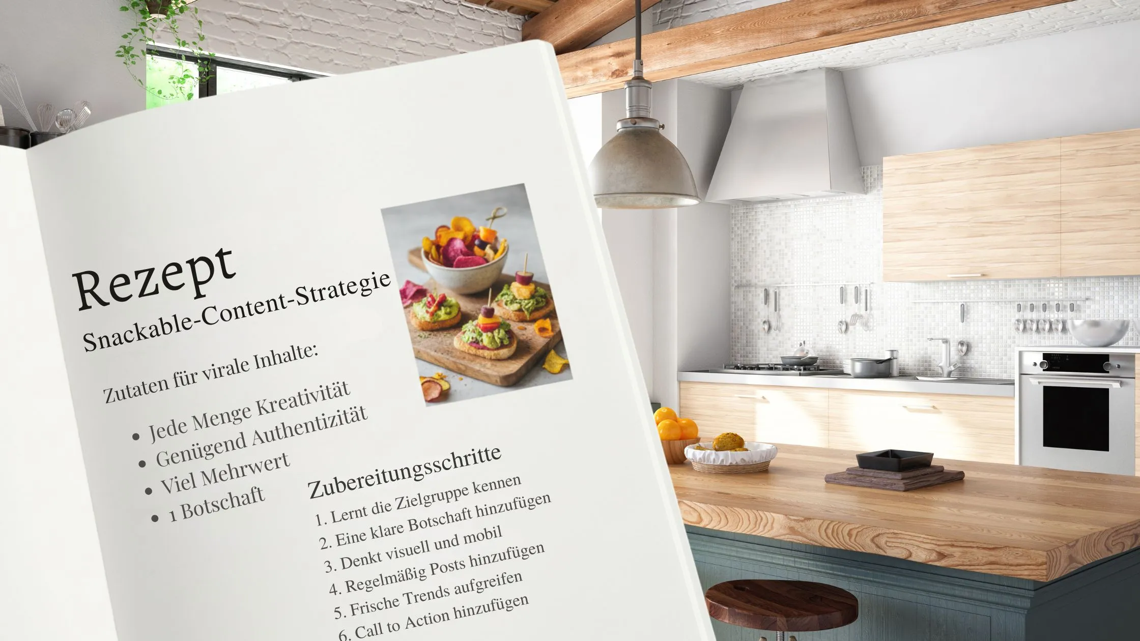 Open book with a recipe in a modern kitchen, showing a list of ingredients and preparation steps. Kitchen has wooden accents and pendant light.