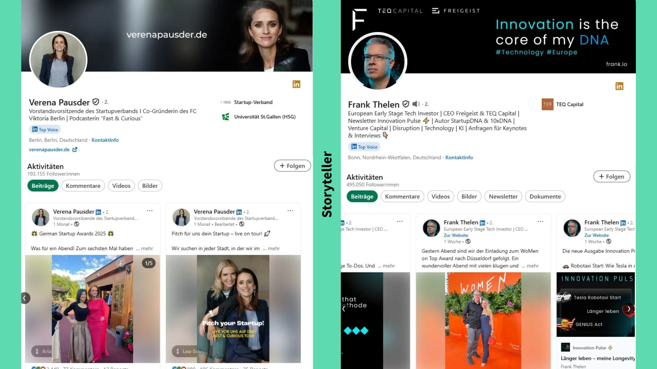 Screenshots der LinkedIn-Profile von Verena Pausder und Frank Thelen als Beispiel für den LinkedIn-Typ Storyteller im Personal Branding.
