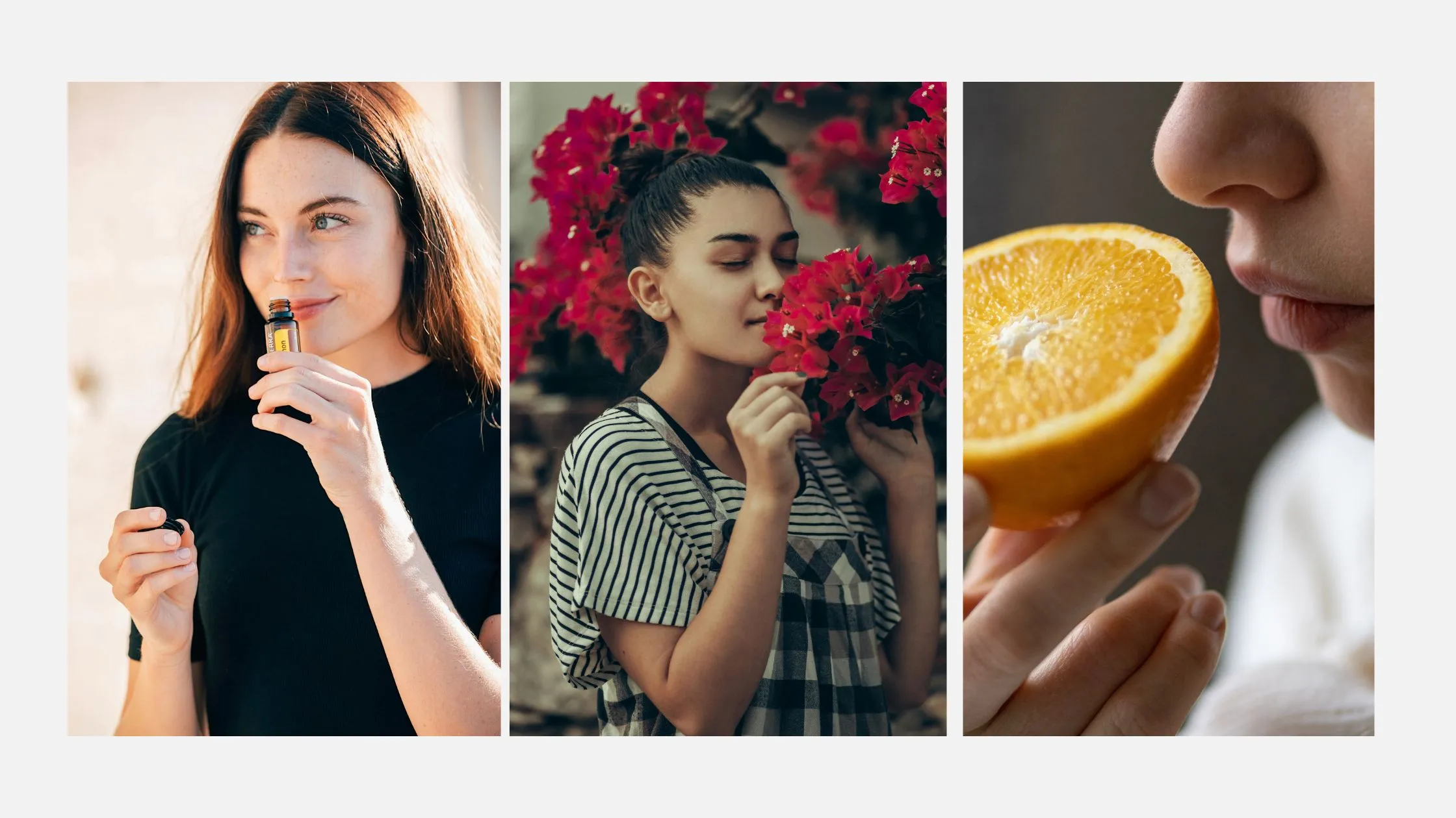 Three images: a person smelling a small bottle, another inhaling flowers, and a third holding an orange slice close to their nose.