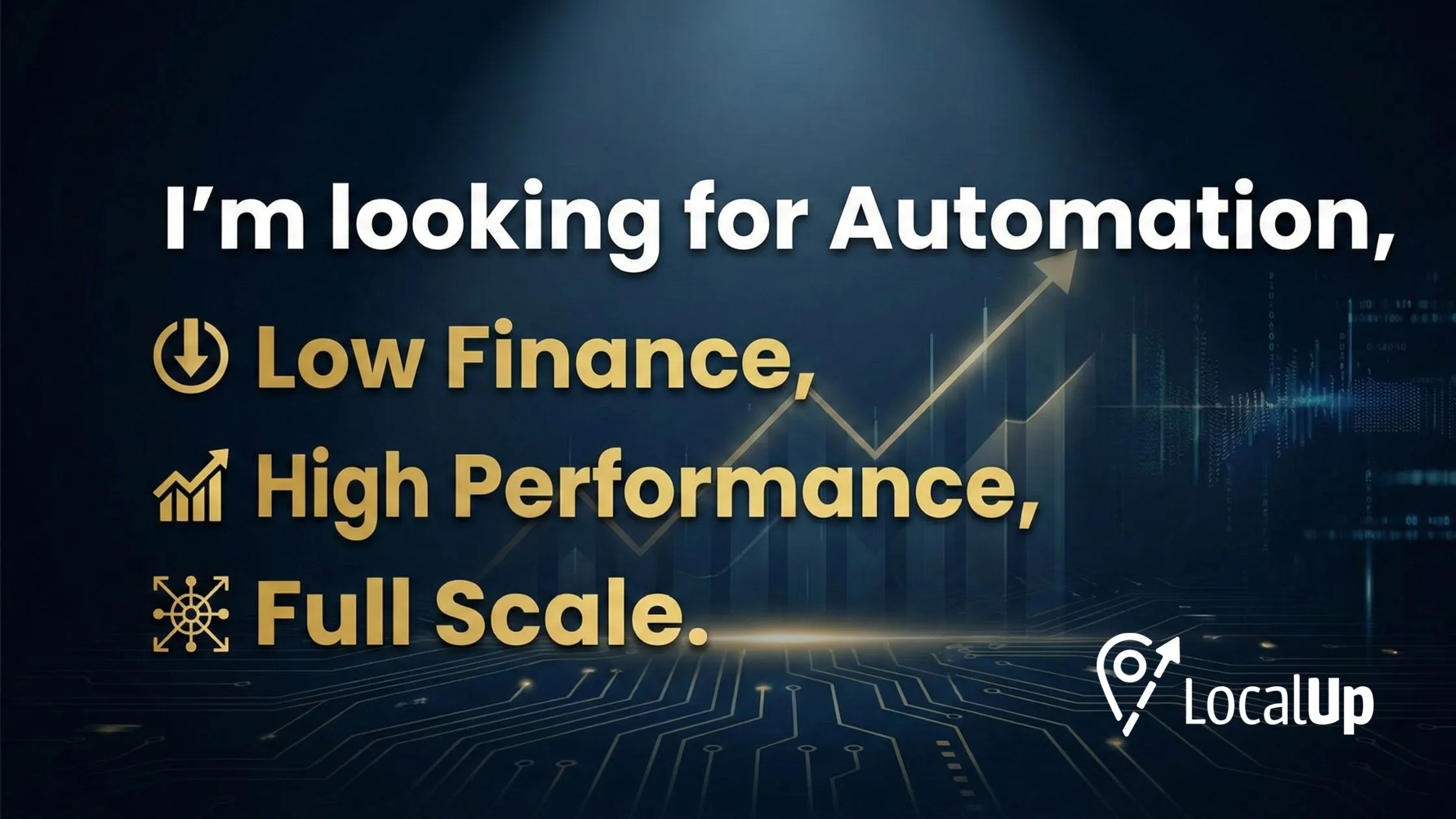 Text on dark background: "I’m looking for Automation, Low Finance, High Performance, Full Scale." Includes icons and LocalUp logo.