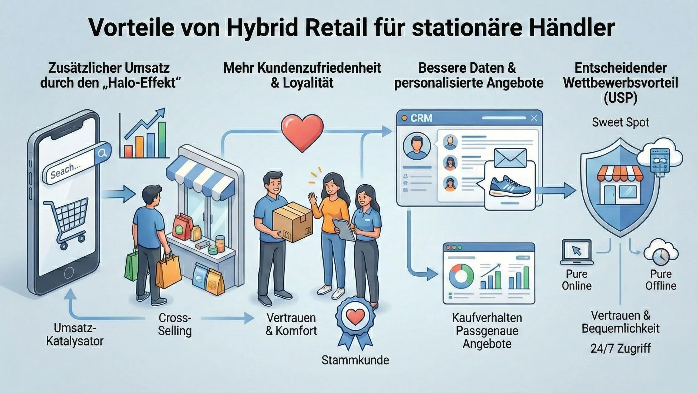 Infographic illustrating the benefits of hybrid retail for physical stores, including increased sales, customer loyalty, and data-driven offers.