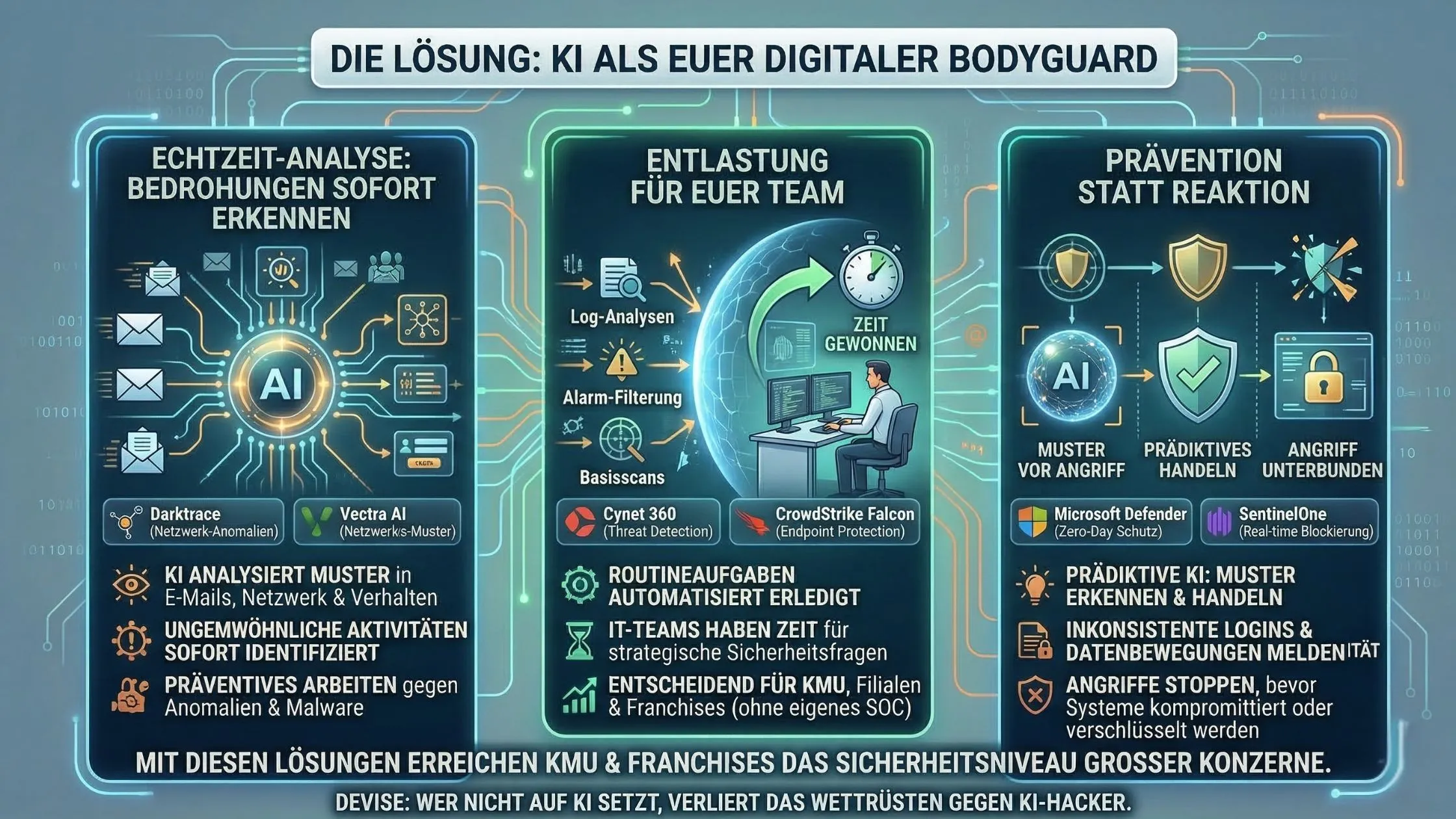 Infographic on AI as a digital bodyguard, highlighting real-time threat detection, team support, and proactive prevention with icons and text.