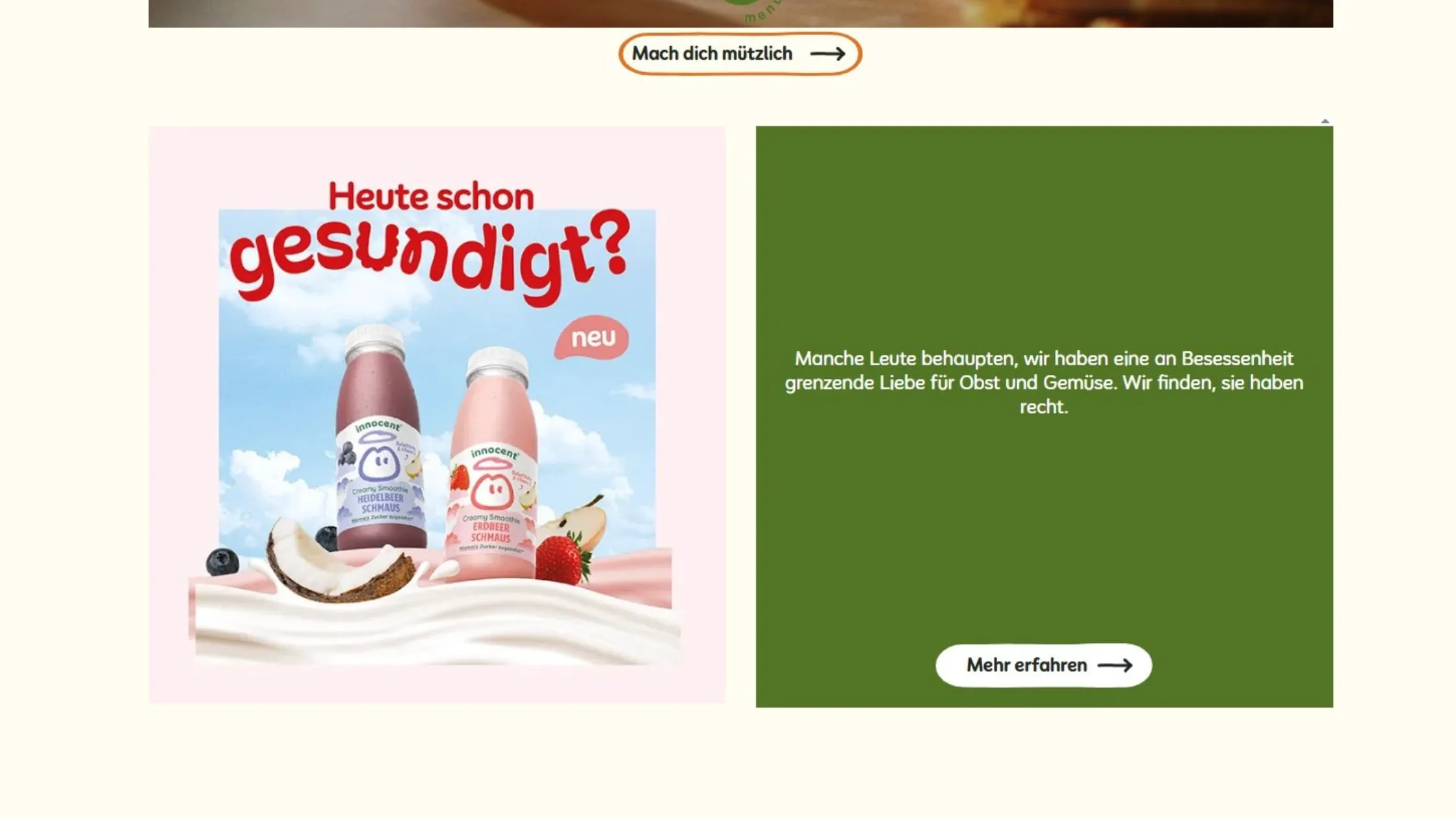 Ad for smoothie drinks with text in German, featuring two bottles, fruit, and a green panel with more text.