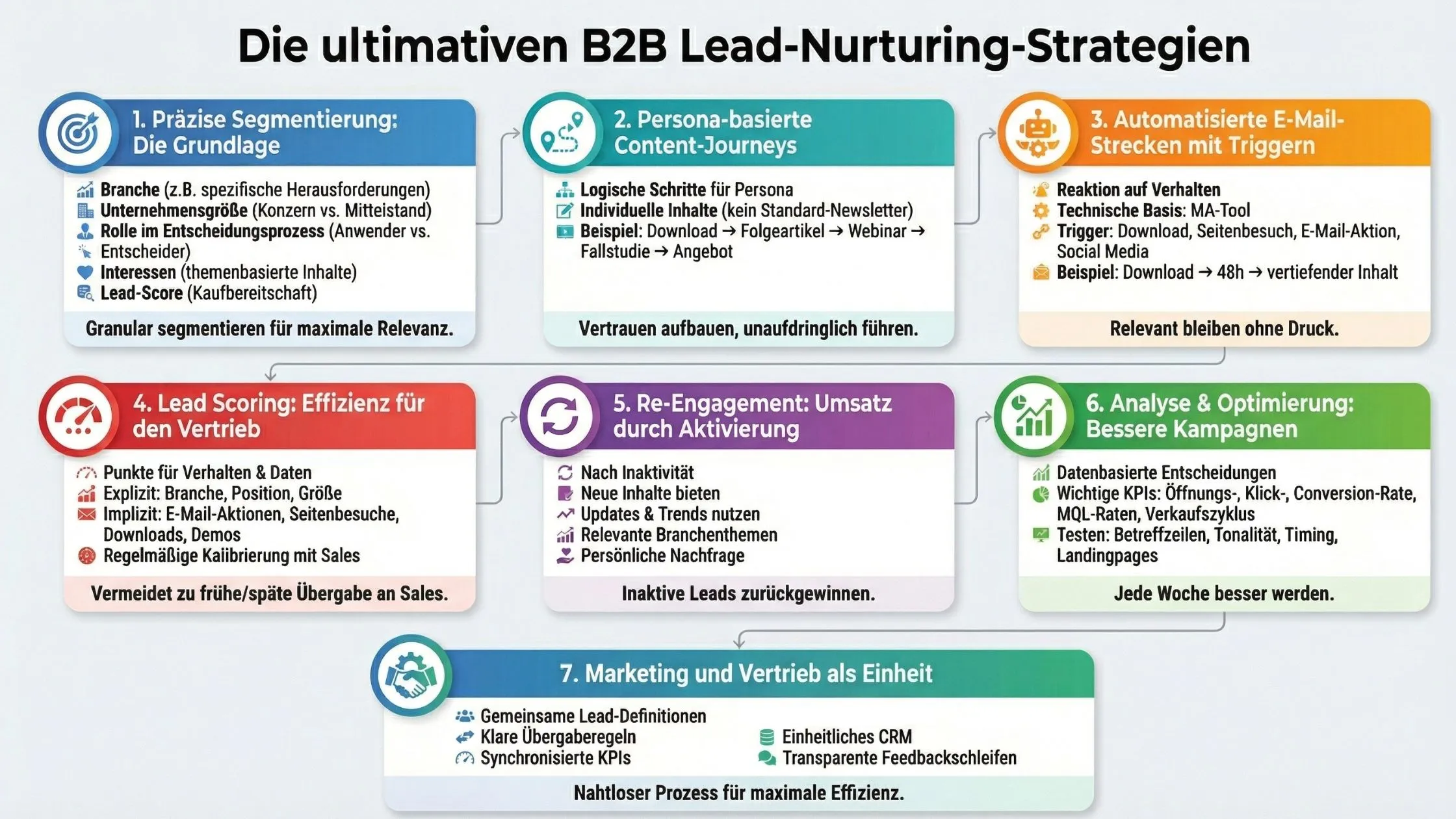 Infographic titled "Die ultimativen B2B Lead-Nurturing-Strategien" with seven colorful sections detailing strategies and tips.