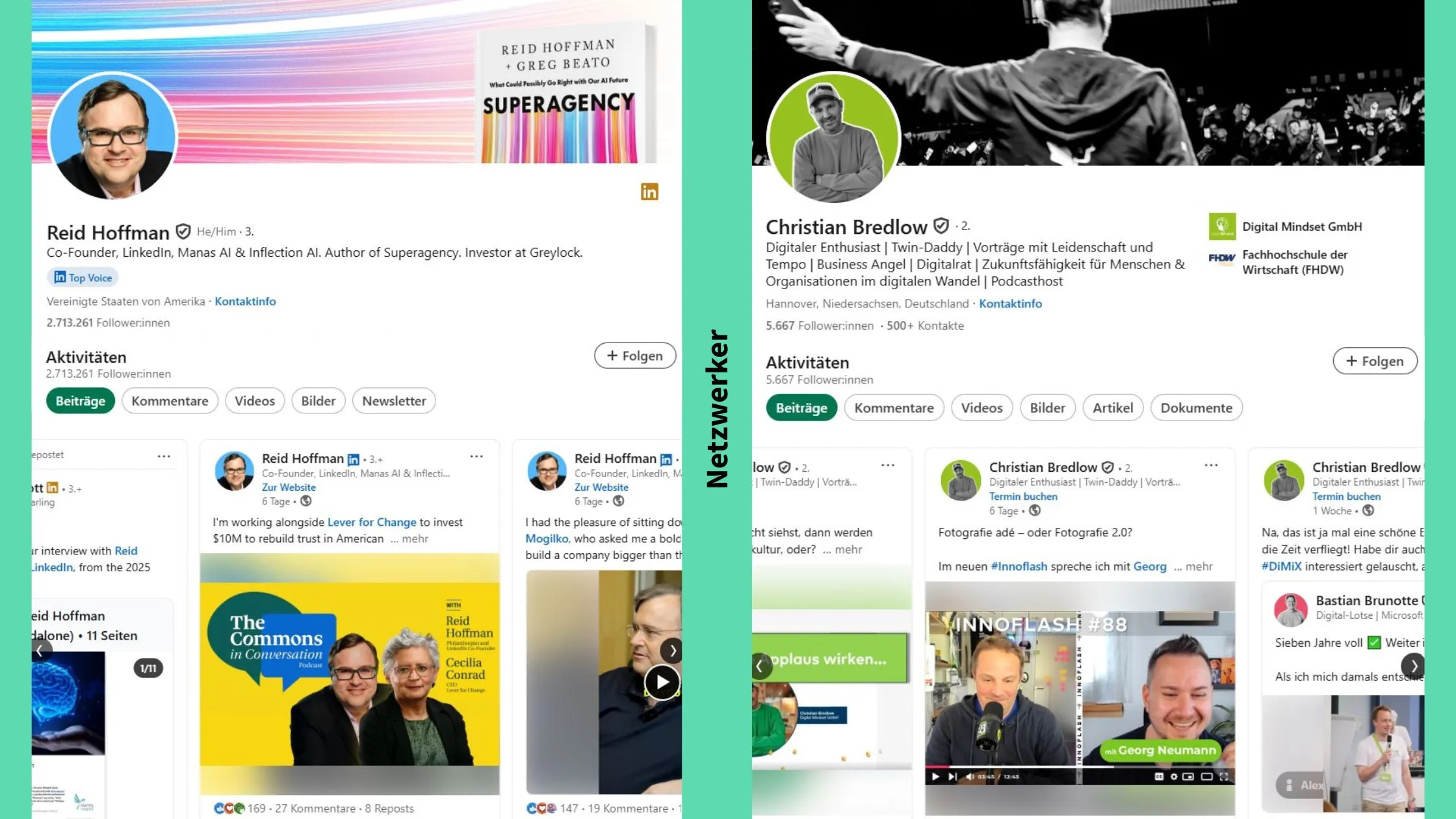 Screenshots der LinkedIn-Profile von Reid Hoffman und Christian Bredlow als Beispiele für den LinkedIn-Typen Netzwerker im Personal Branding.