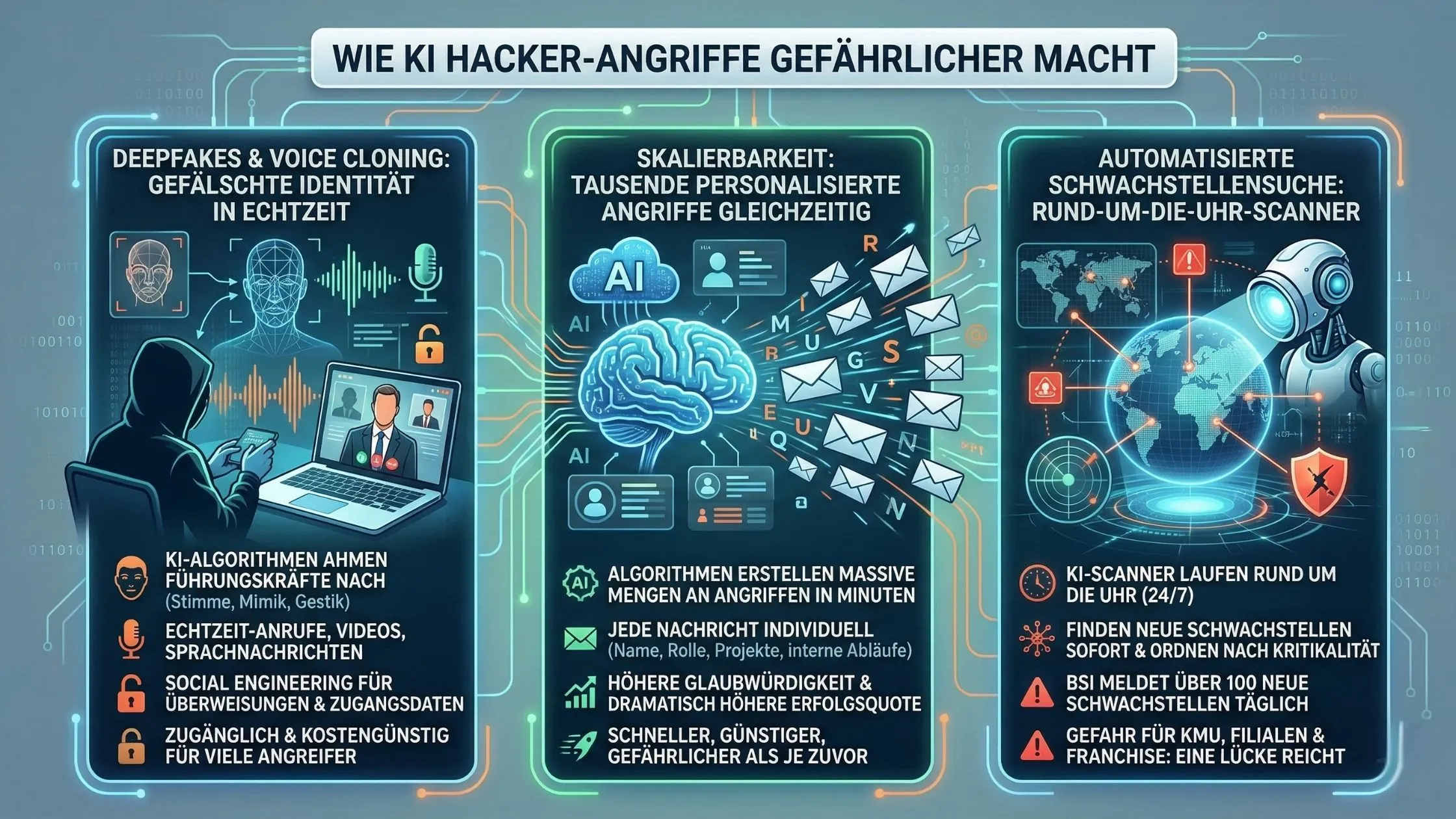 Diagram illustrating how AI enhances hacker attacks: real-time identity cloning, scalable phishing, and automated vulnerability scanning. Text in German.