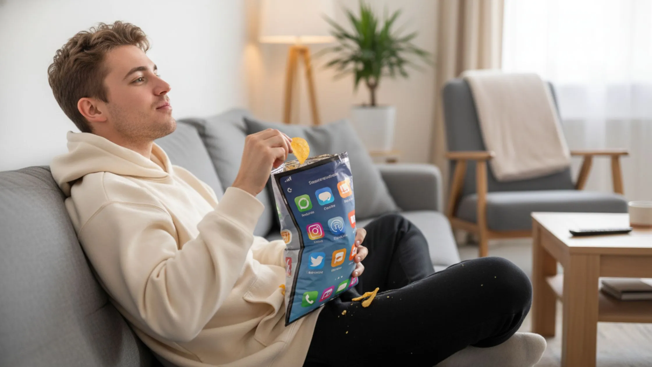 A person in a hoodie sits on a couch, eating chips from a bag decorated with social media icons, in a cozy living room.