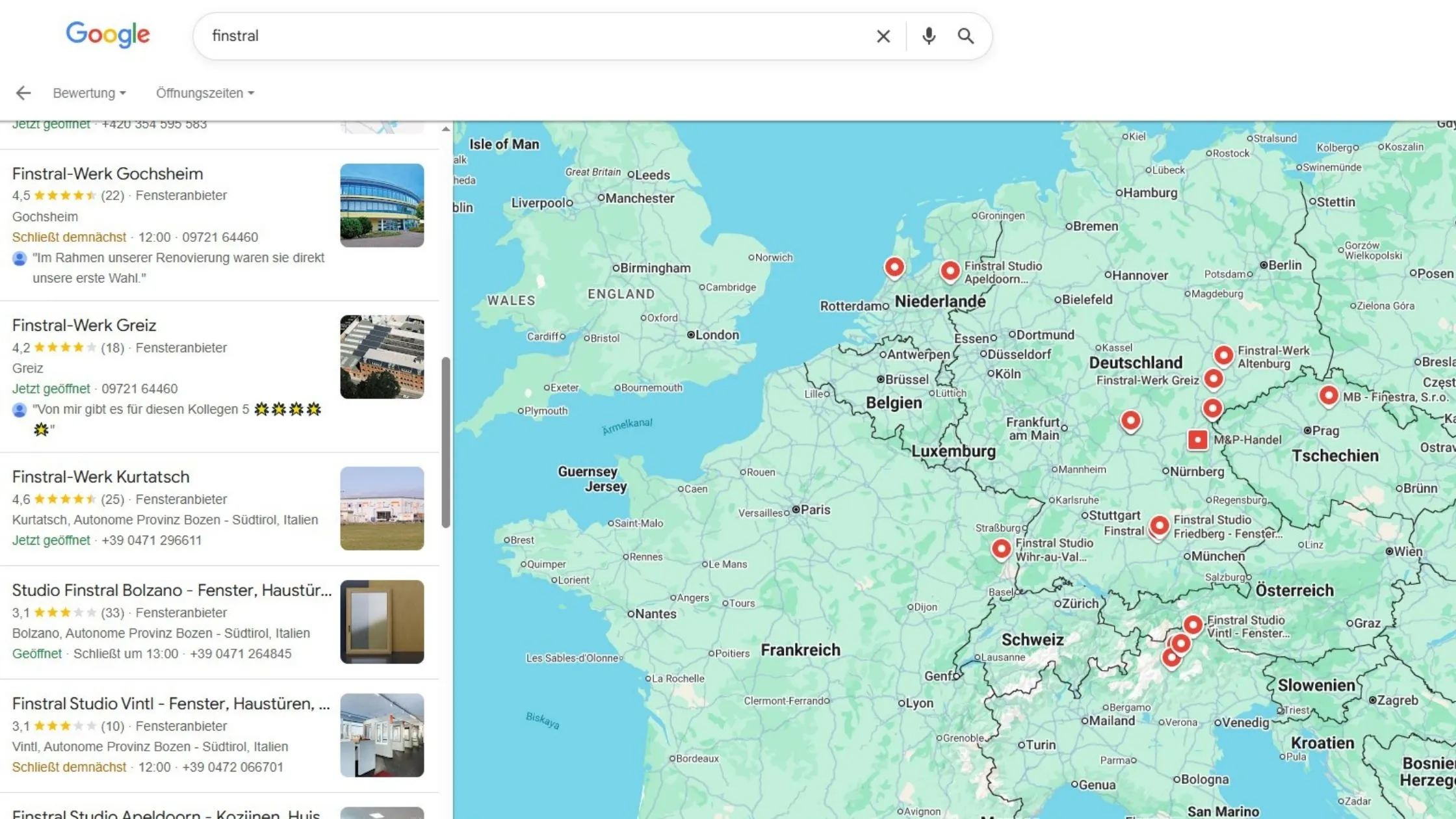 Map of central Europe showing locations of Finstral stores with red markers, search results and photos on the left.