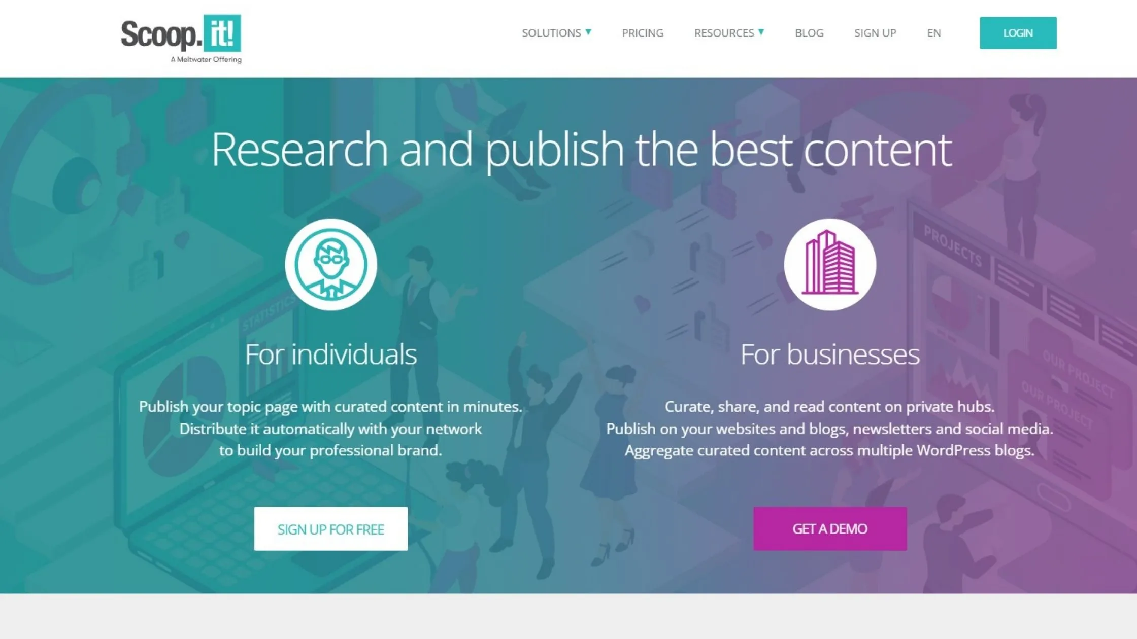 Scoop.it website homepage with options for individuals and businesses to research and publish content. Features "Sign Up for Free" and "Get a Demo" buttons.