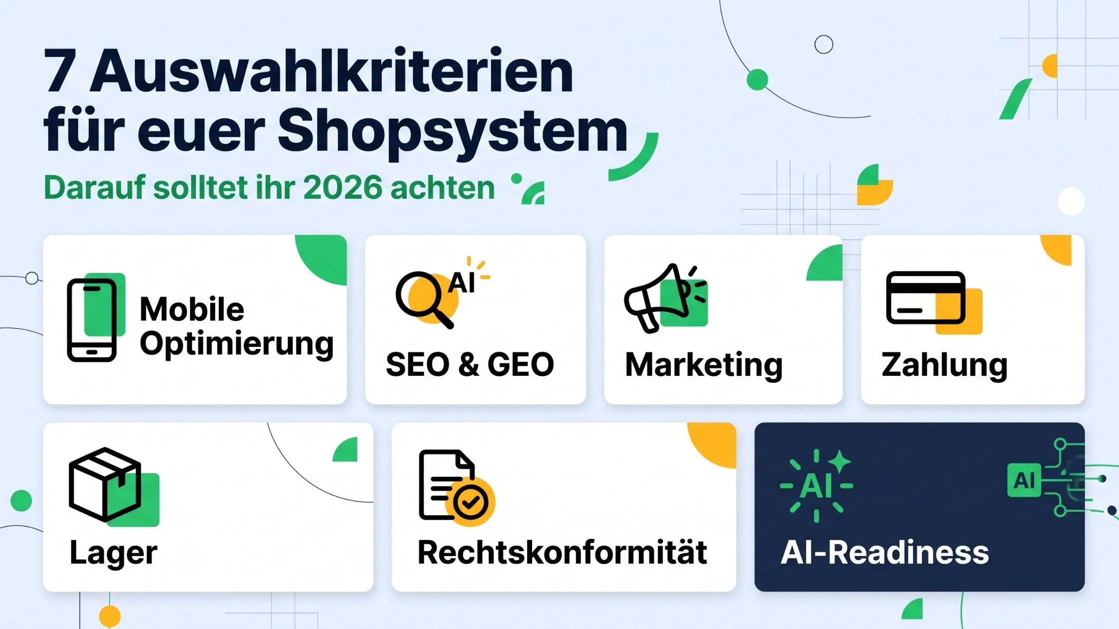 Seven selection criteria for shop systems by 2026: Mobile Optimization, SEO & GEO, Marketing, Payment, Inventory, Compliance, AI-Readiness.