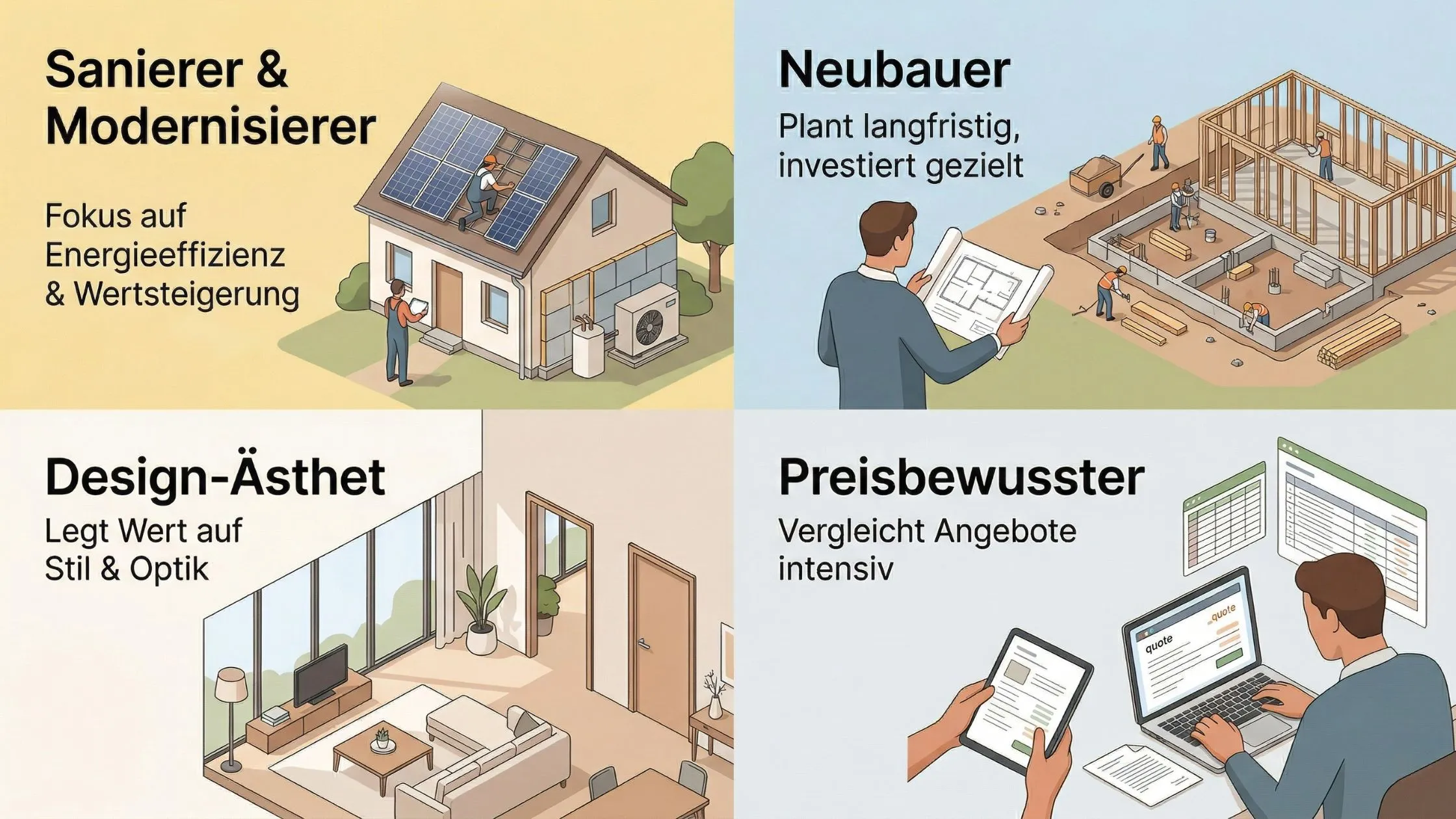 Four illustrations: Renovation focus, new builder planning, design-oriented living room, and cost-conscious person comparing offers online.