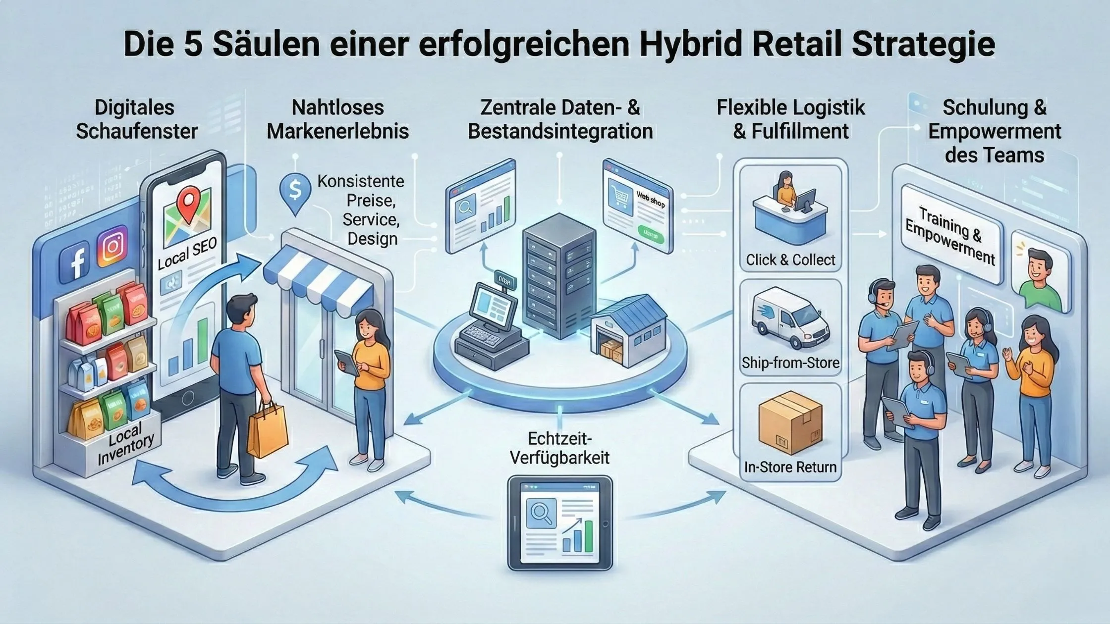 Illustration depicting five pillars of a successful hybrid retail strategy: digital showcase, seamless branding, data integration, logistics, and team empowerment.