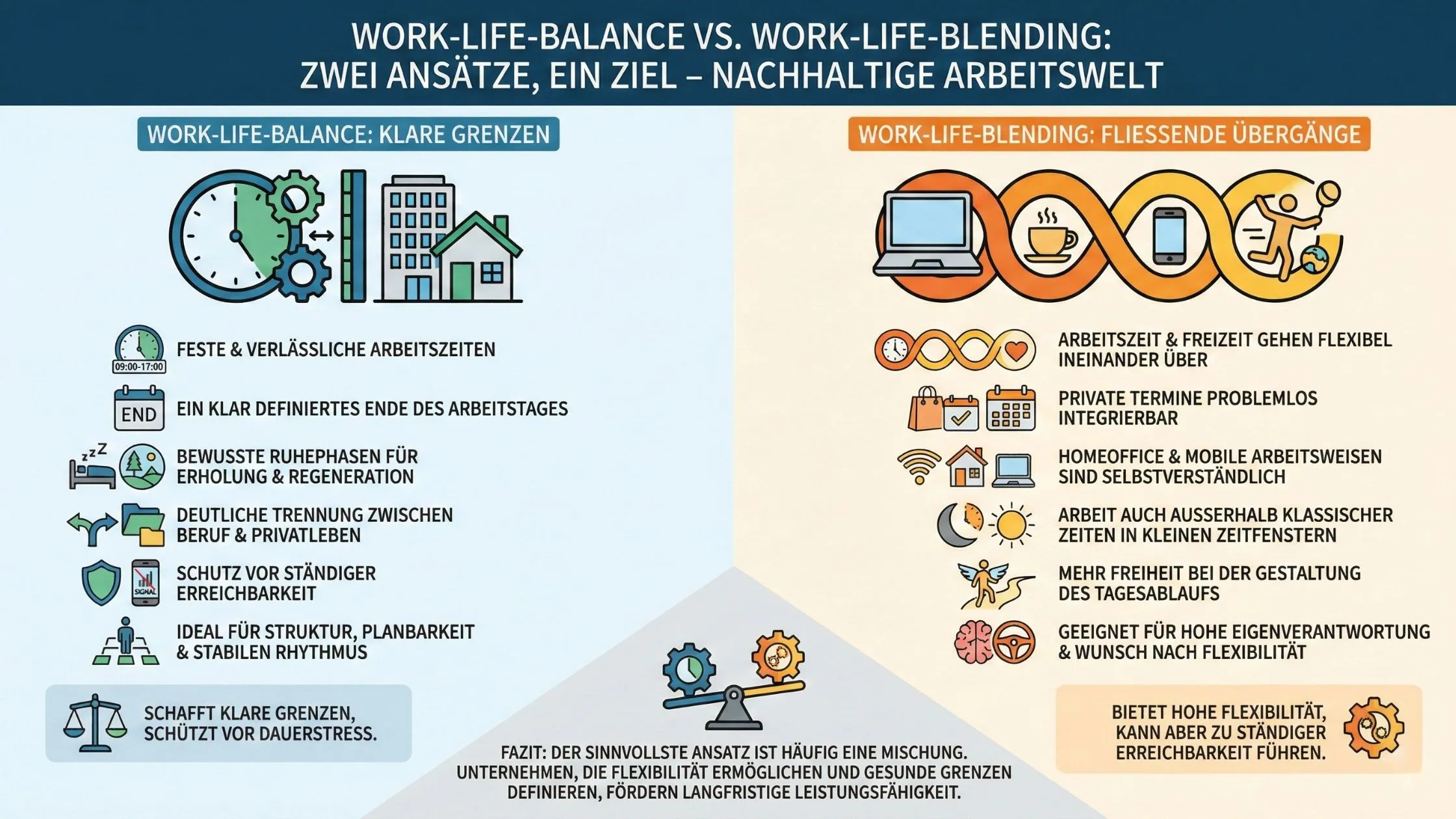 Infographic split: left - work-life-balance (clock, calendar, house, green, clear boundaries); right - work-life-blending (laptop, phone, coffee, orange, overlap).