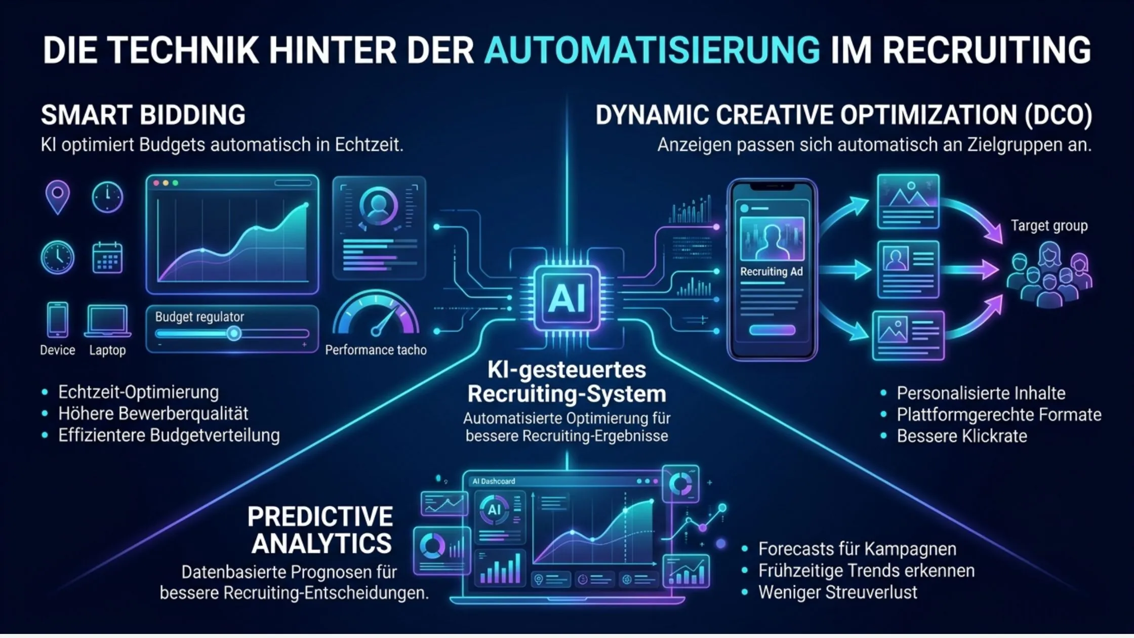Infographic on AI in recruitment automation, detailing smart bidding, dynamic creative optimization, and predictive analytics features.