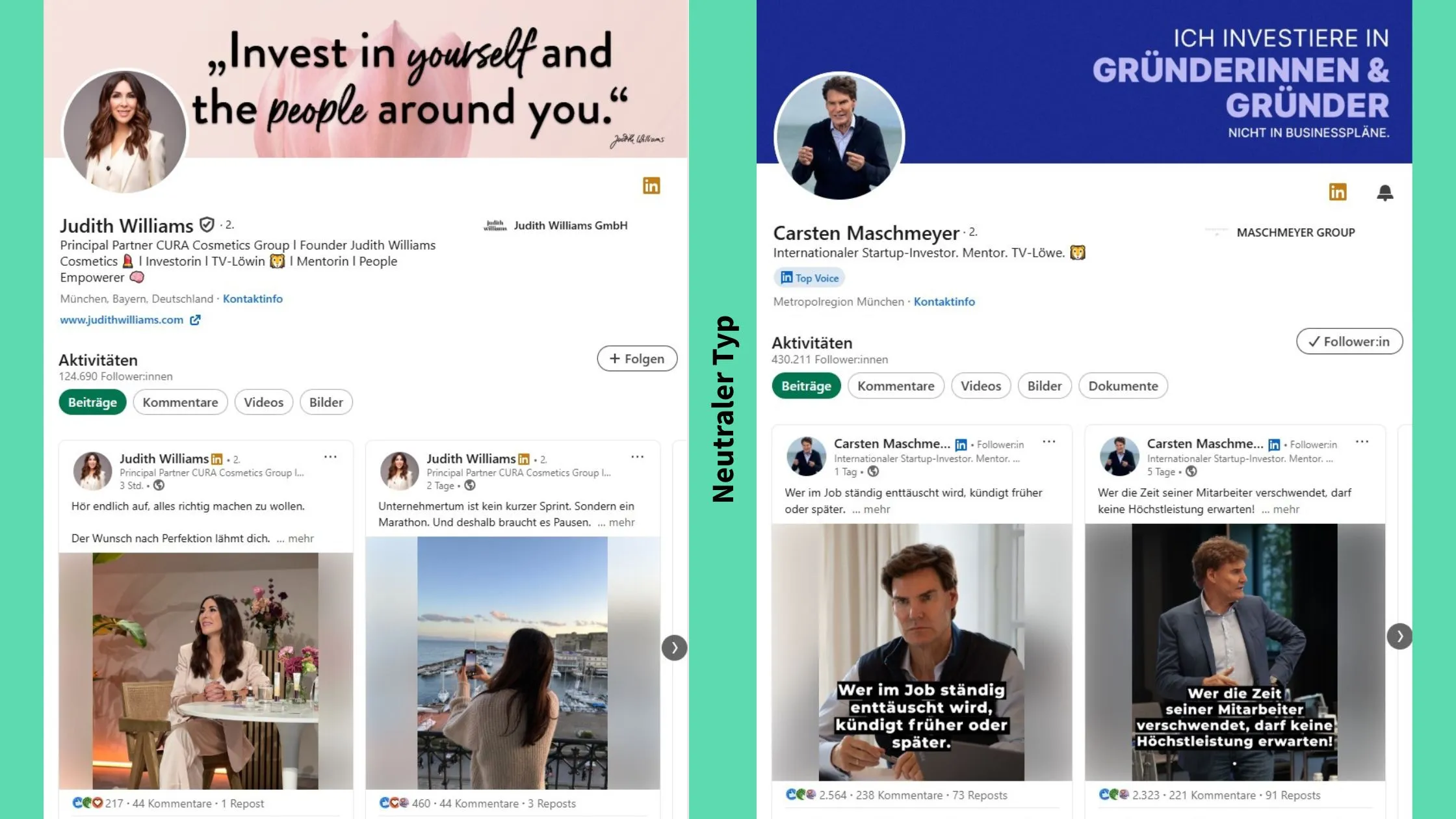 Screenshots der LinkedIn-Profile von Judith Williams und Carsten Maschmeyer als Beispiel für den neutralen Typen bei LinkedIn im Personal Branding.