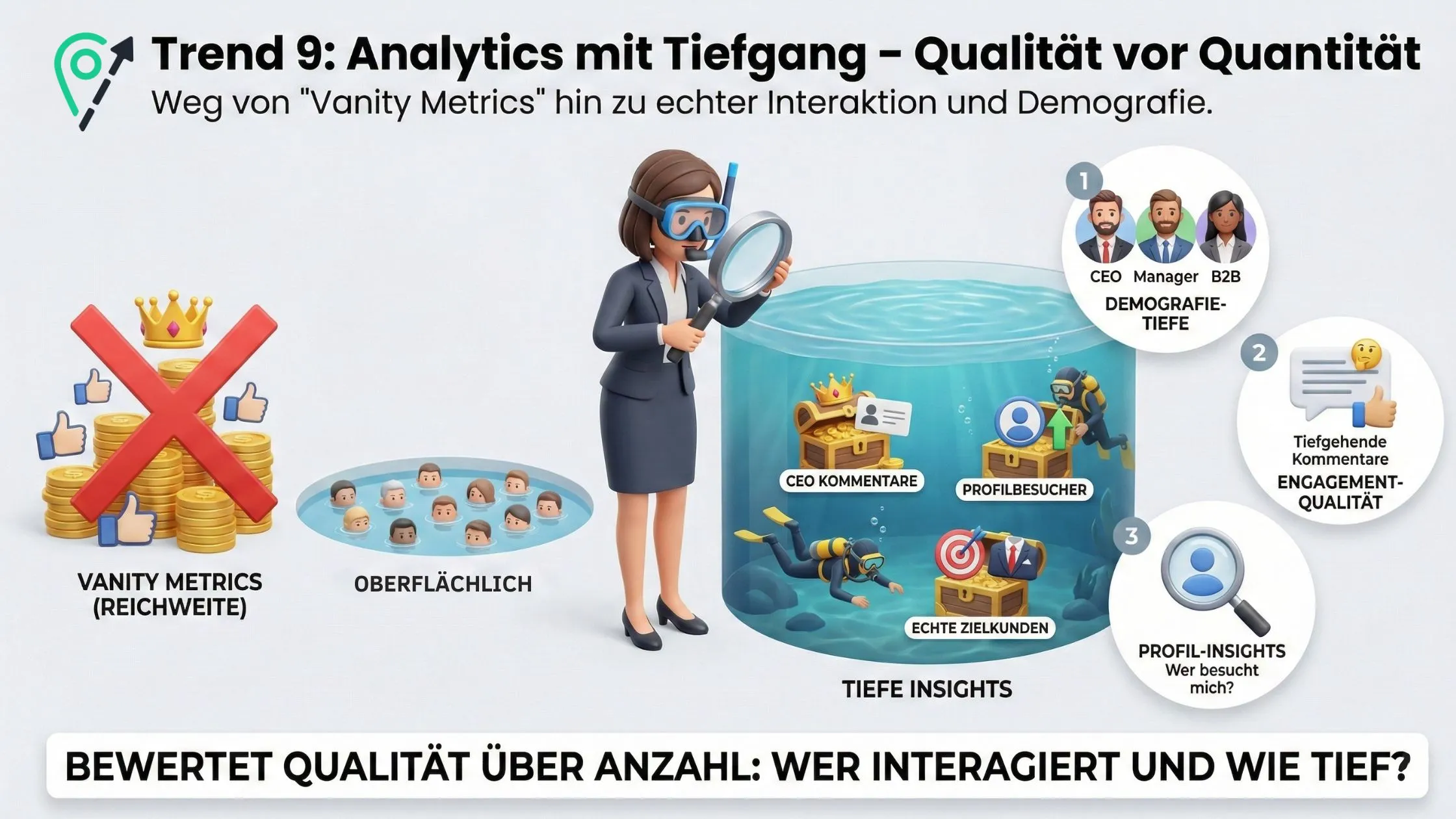 Graphic showing crossed-out vanity metrics and shallow engagement at left; woman with magnifier examining a deep pool with divers labeled "deep insights."